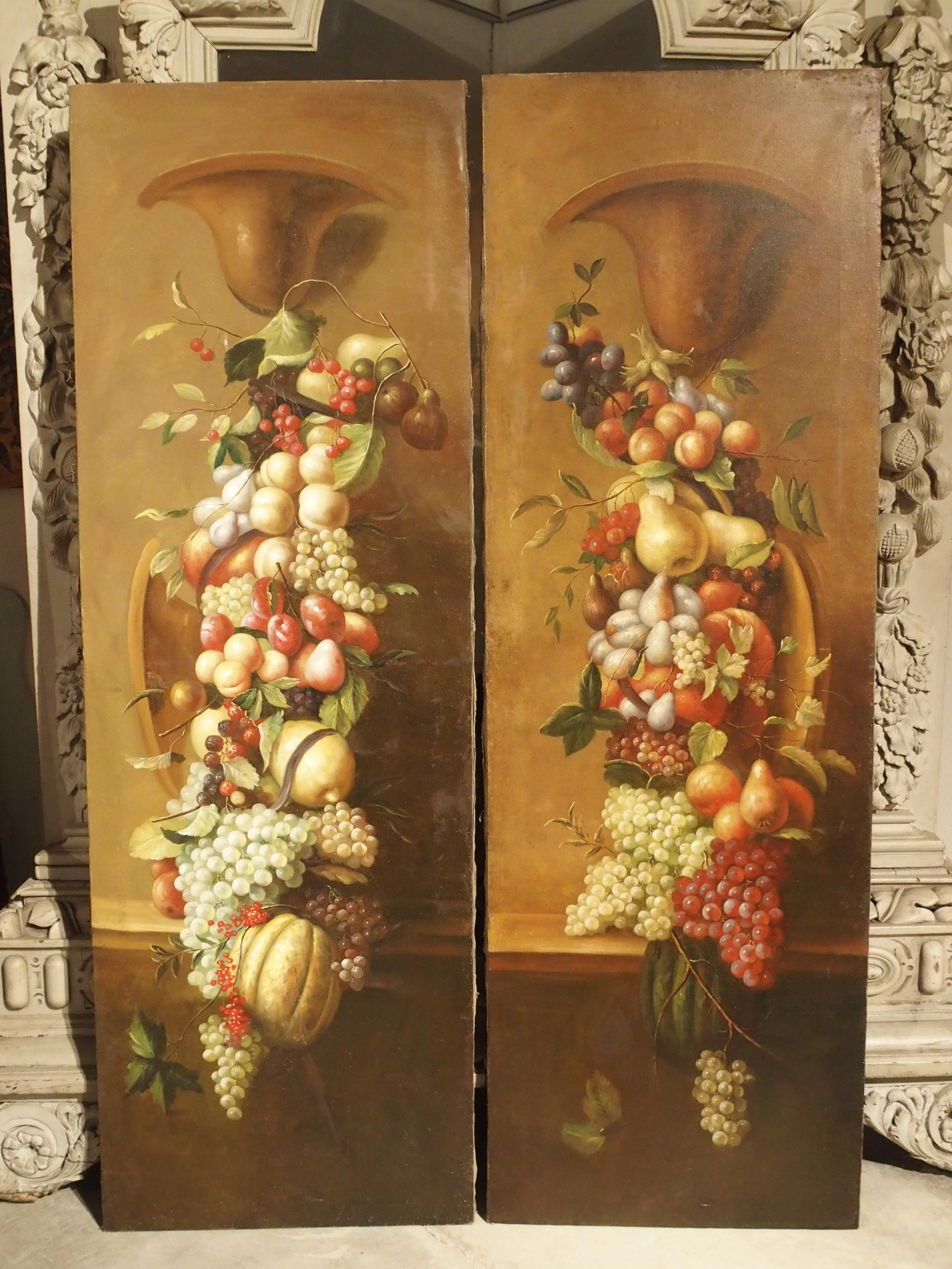 Hand-Painted Pair of Tall Antique Italian Still Life Paintings, circa 1900 For Sale