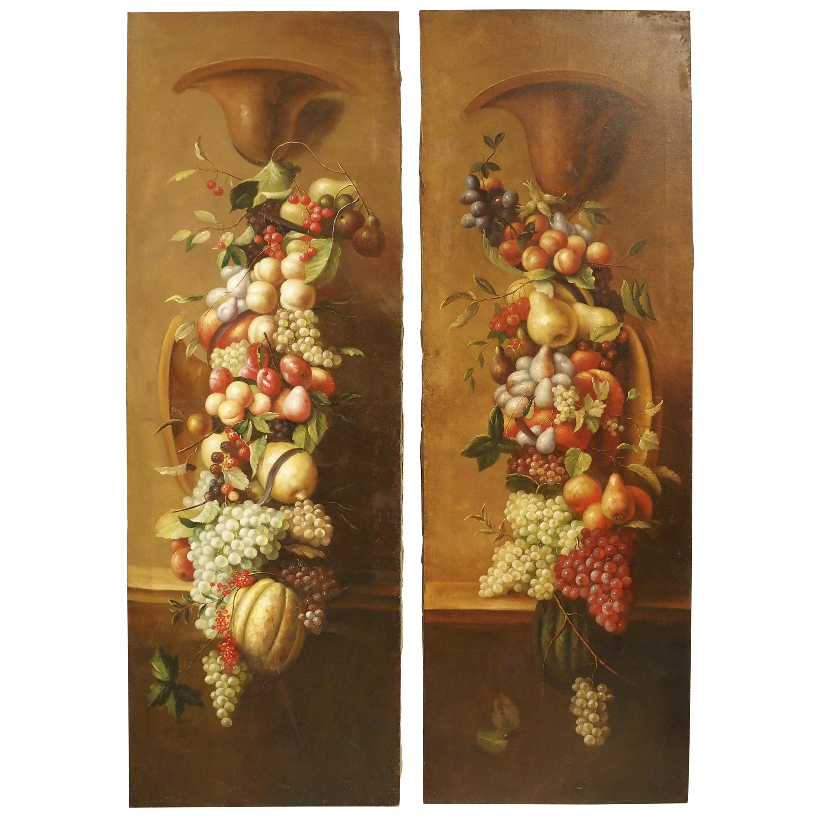 Pair of Tall Antique Italian Still Life Paintings, circa 1900 For Sale
