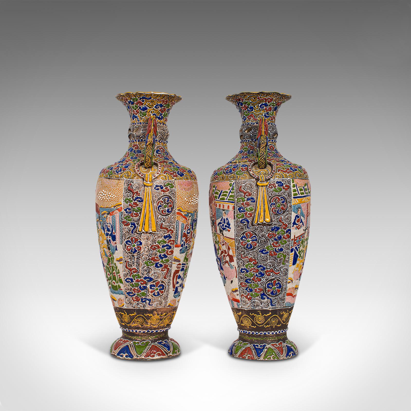 Pair of Tall Antique Satsuma Vases, Japanese, Ceramic, Decorative, Moriage, 1900 In Good Condition In Hele, Devon, GB