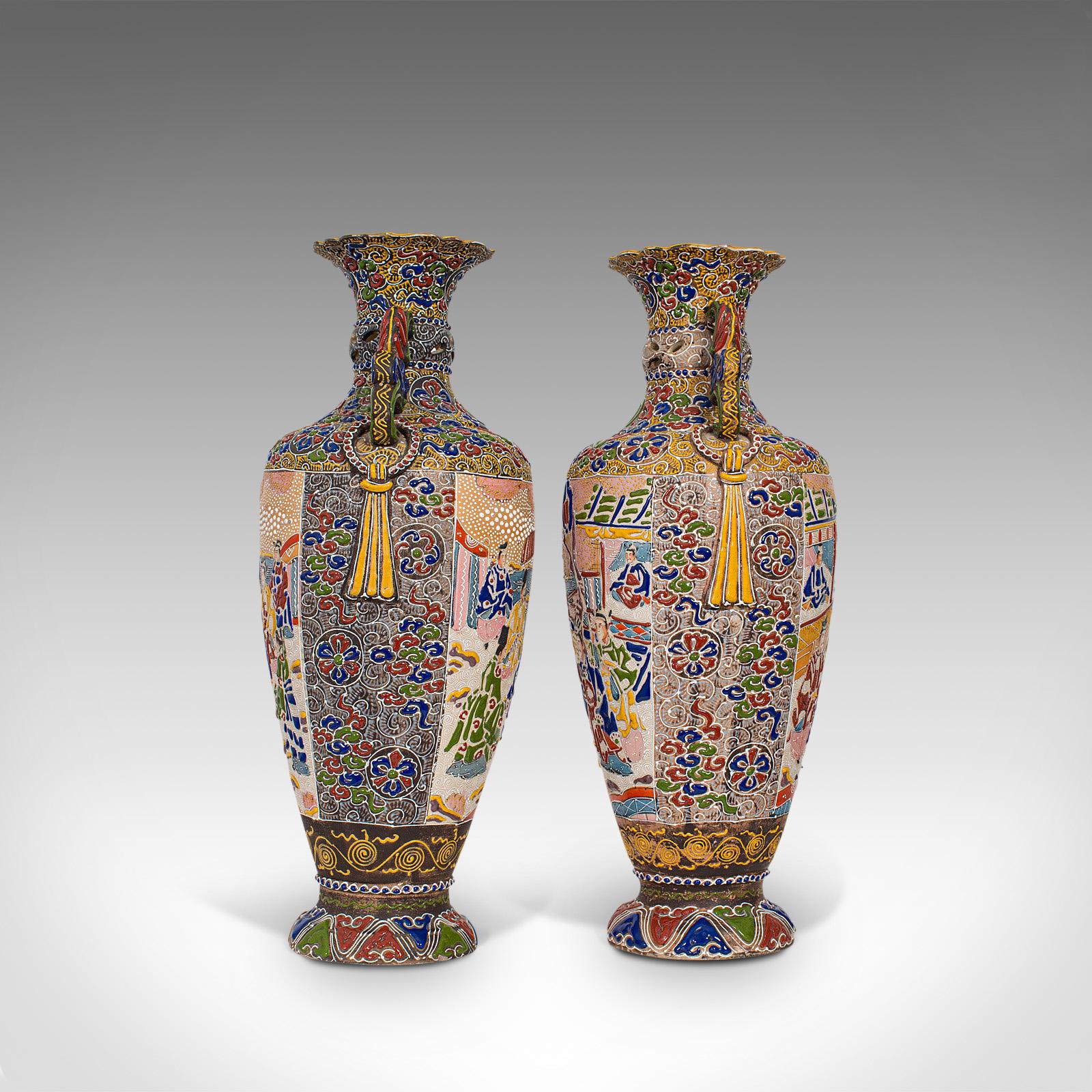 19th Century Pair of Tall Antique Satsuma Vases, Japanese, Ceramic, Decorative, Moriage, 1900