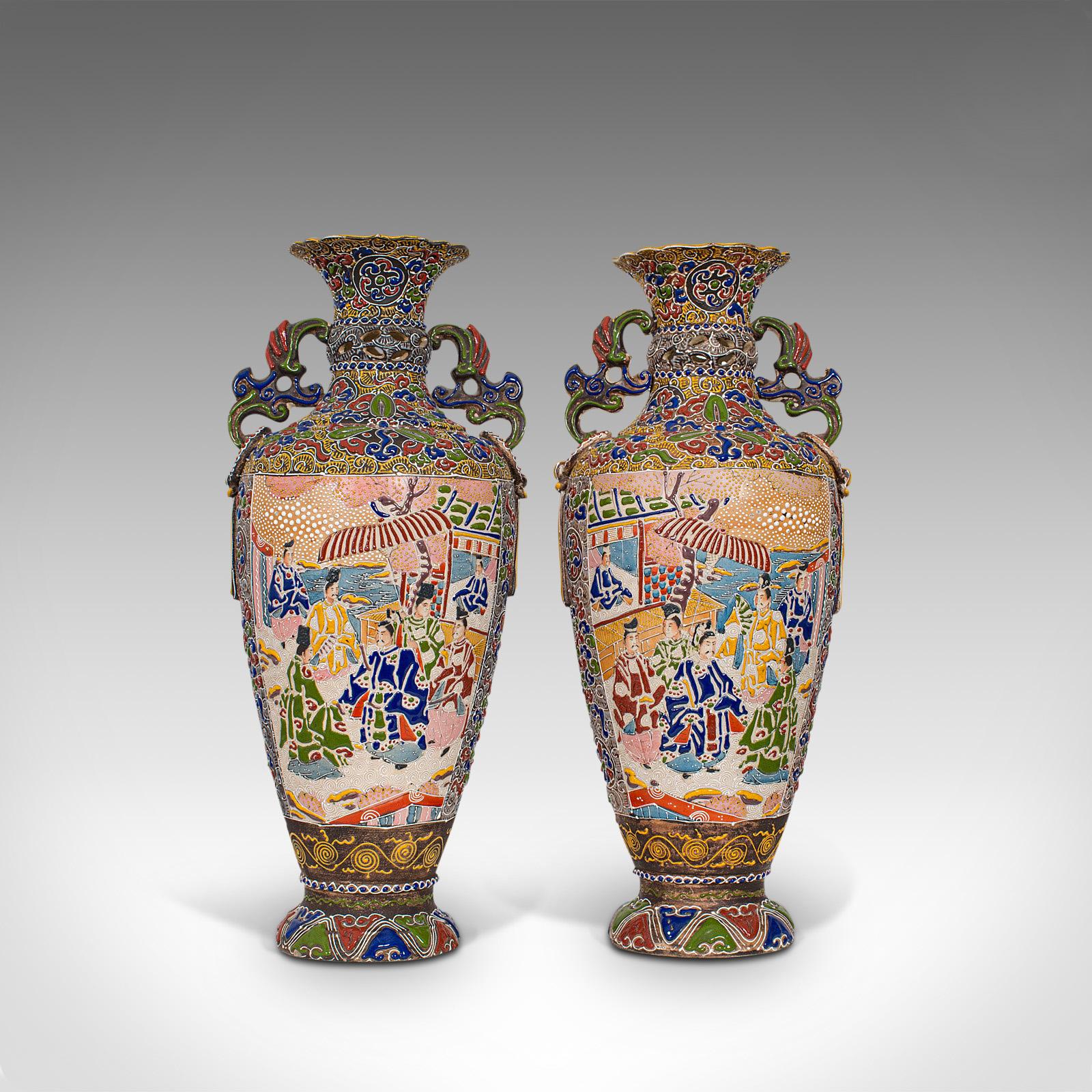 Pair of Tall Antique Satsuma Vases, Japanese, Ceramic, Decorative, Moriage, 1900 1