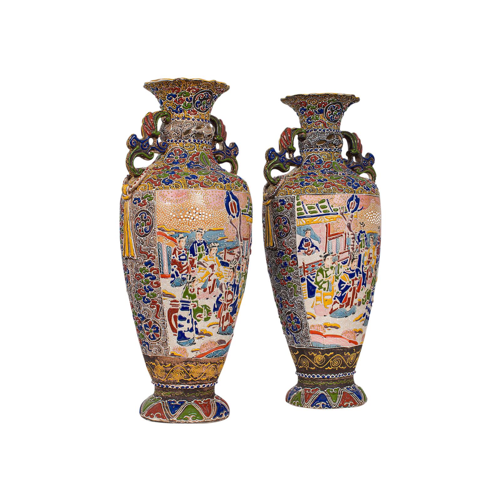 Pair of Tall Antique Satsuma Vases, Japanese, Ceramic, Decorative, Moriage, 1900
