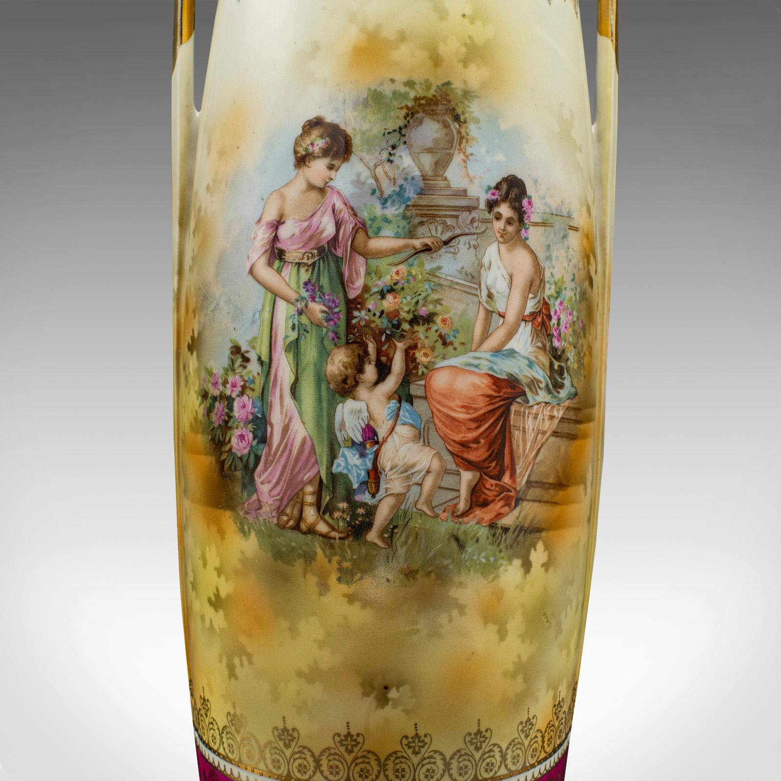 Pair Of Tall Antique Stem Vases, Austrian, Ceramic, Flower Sleeve, Victorian For Sale 5