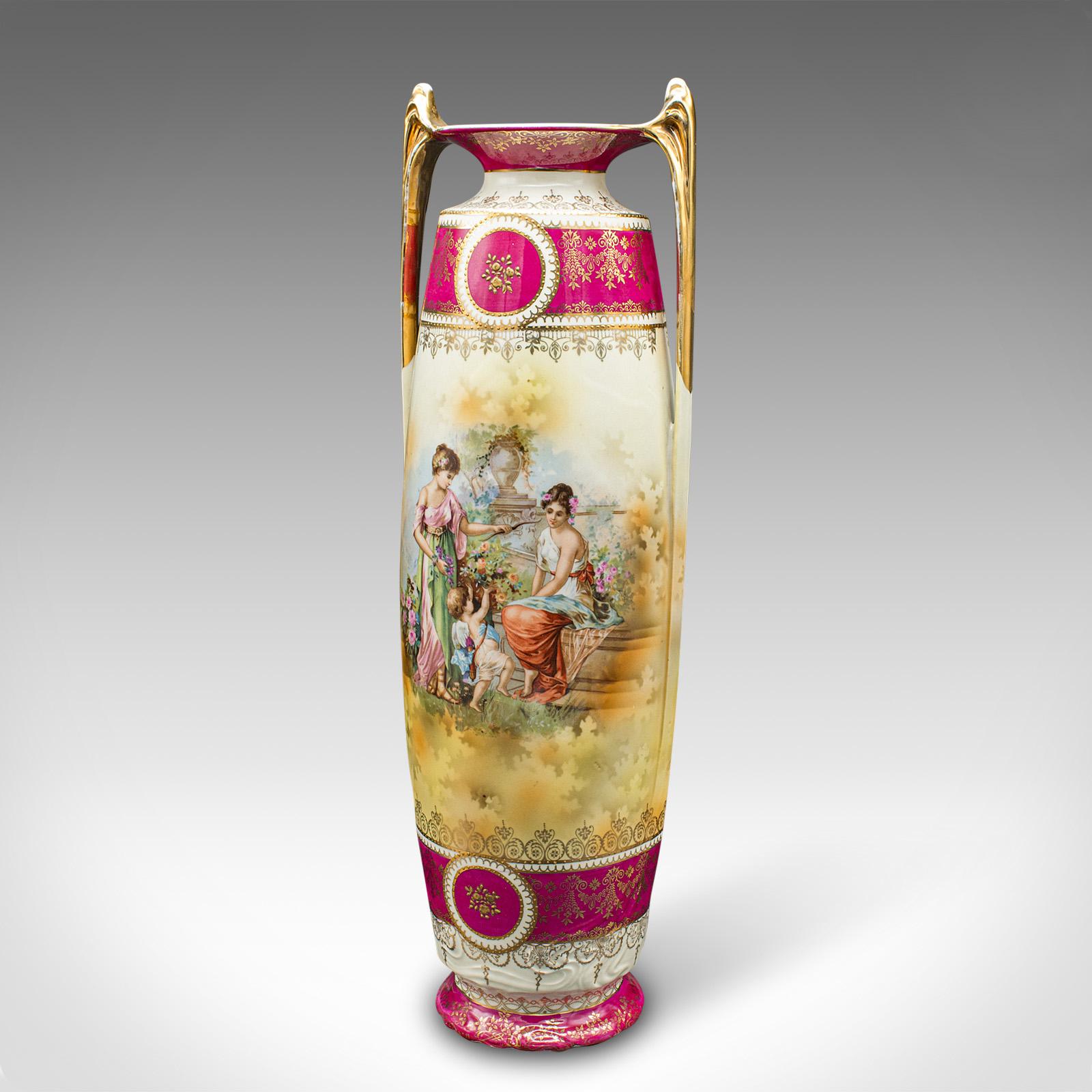 19th Century Pair Of Tall Antique Stem Vases, Austrian, Ceramic, Flower Sleeve, Victorian For Sale