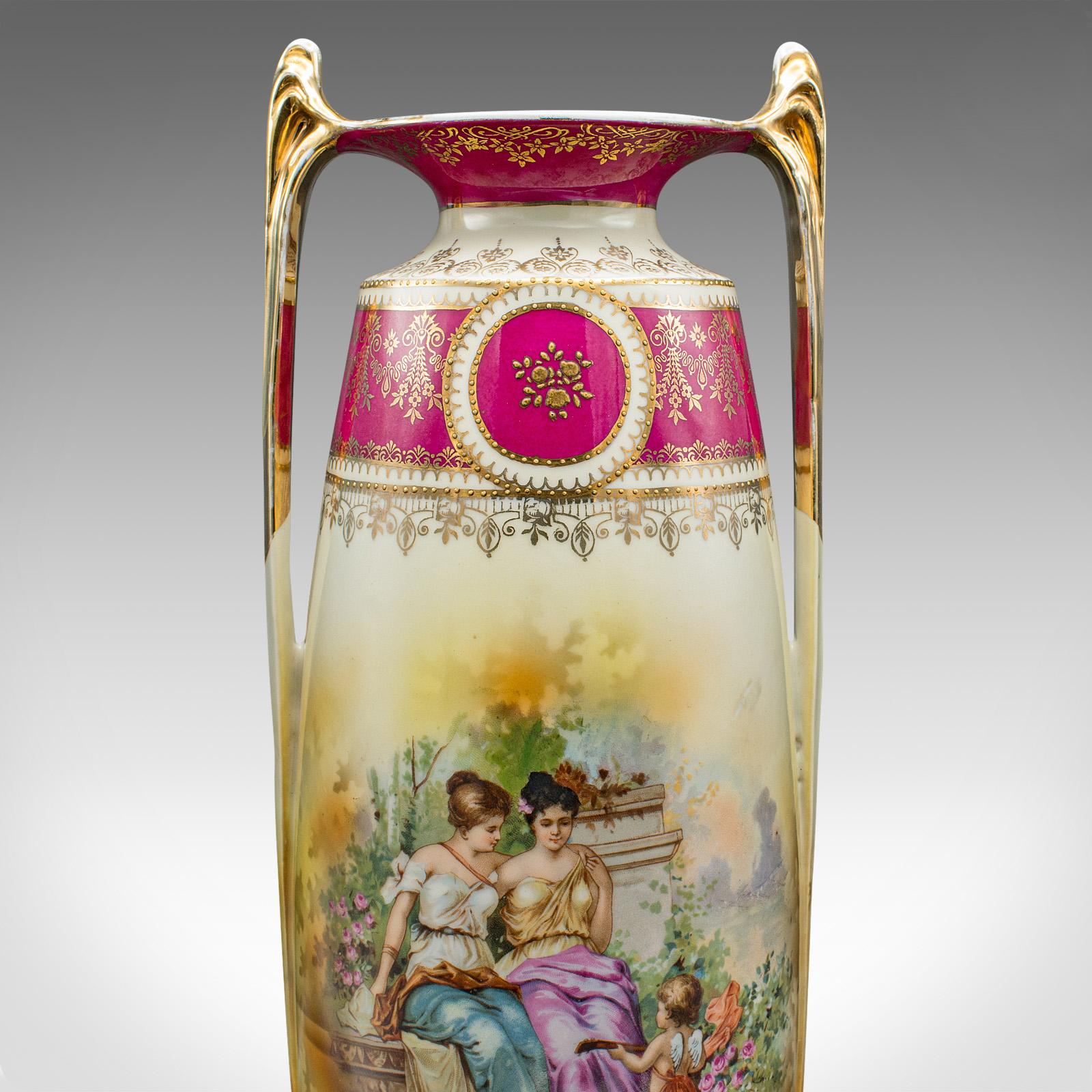 Pair Of Tall Antique Stem Vases, Austrian, Ceramic, Flower Sleeve, Victorian For Sale 2