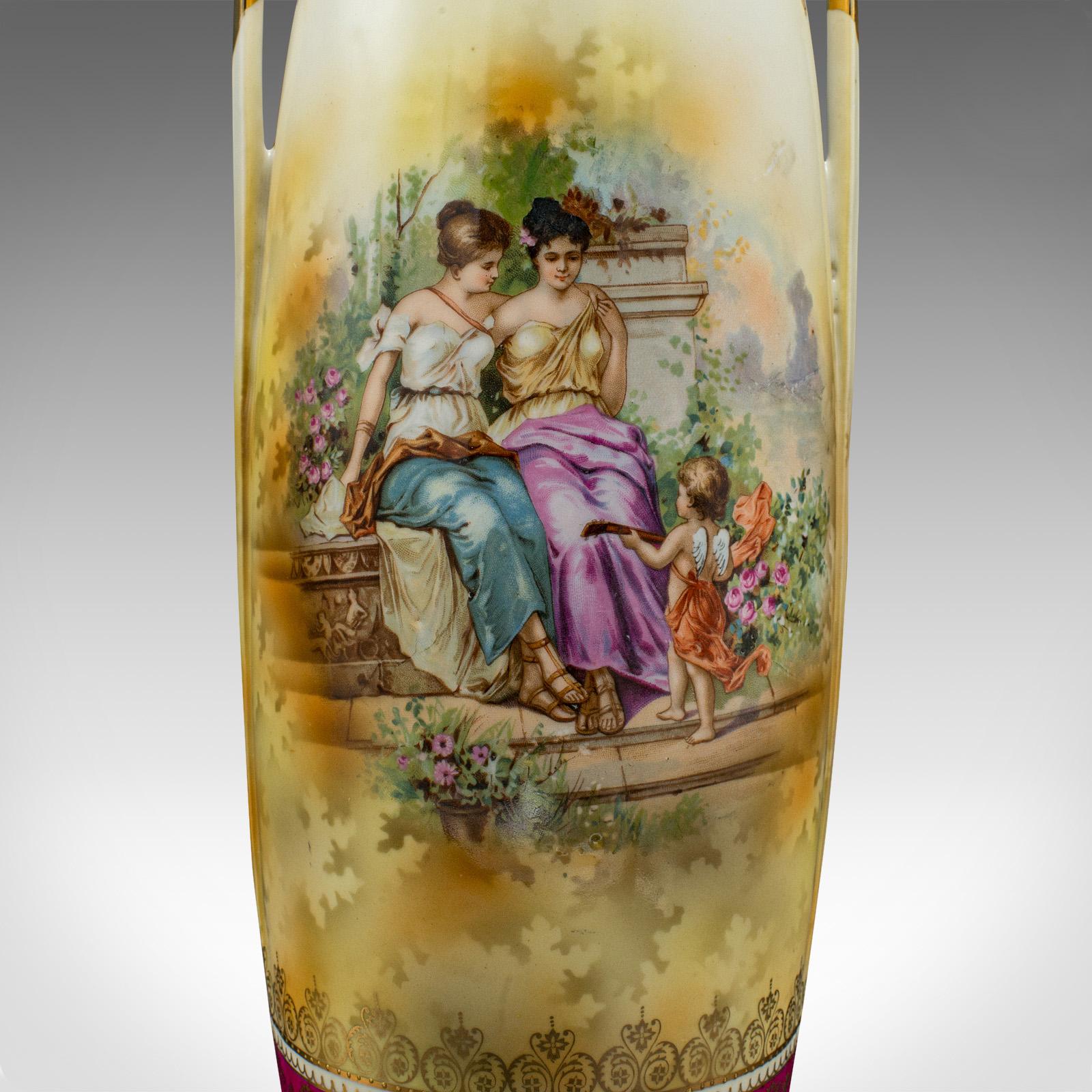 Pair Of Tall Antique Stem Vases, Austrian, Ceramic, Flower Sleeve, Victorian For Sale 4