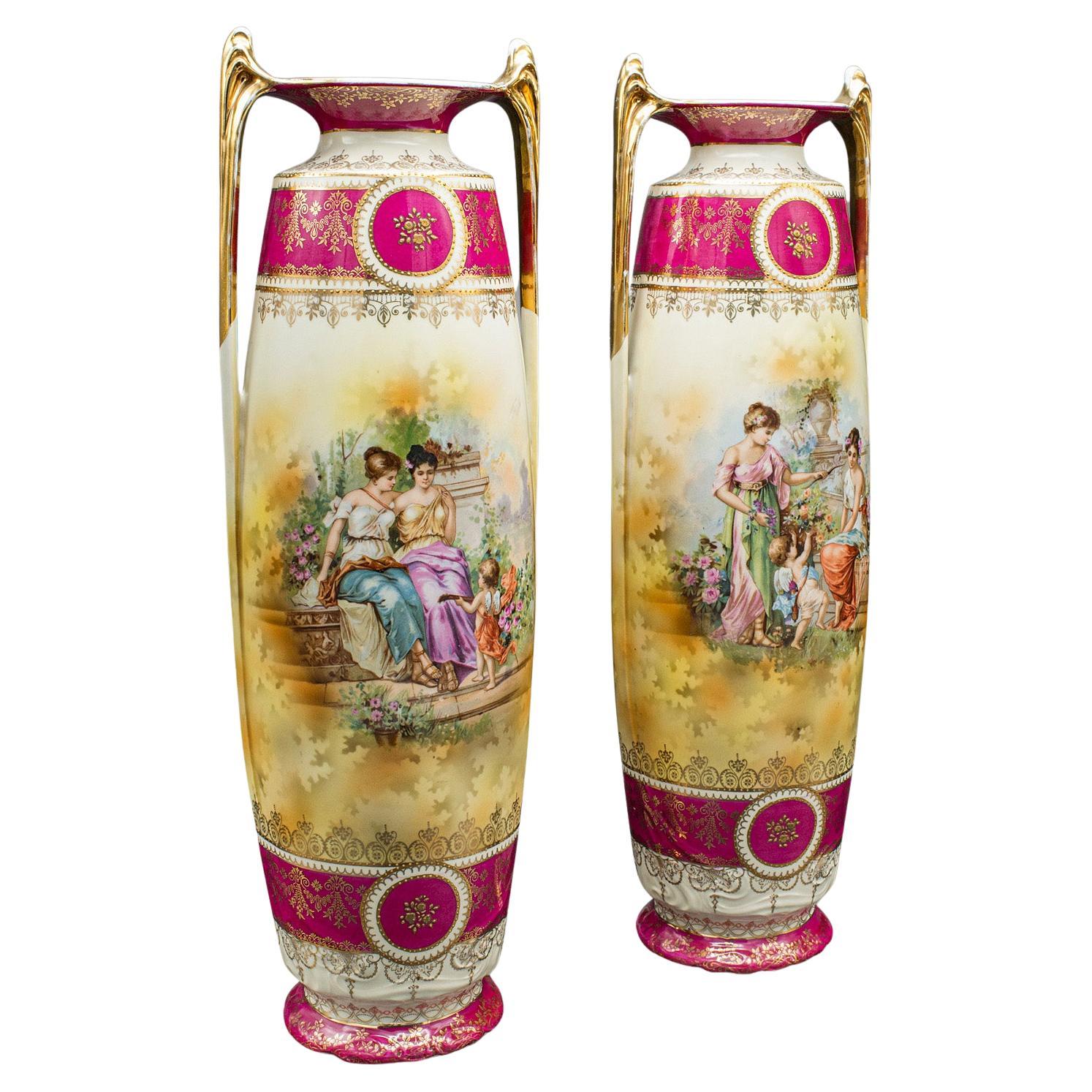 Pair Of Tall Antique Stem Vases, Austrian, Ceramic, Flower Sleeve, Victorian For Sale