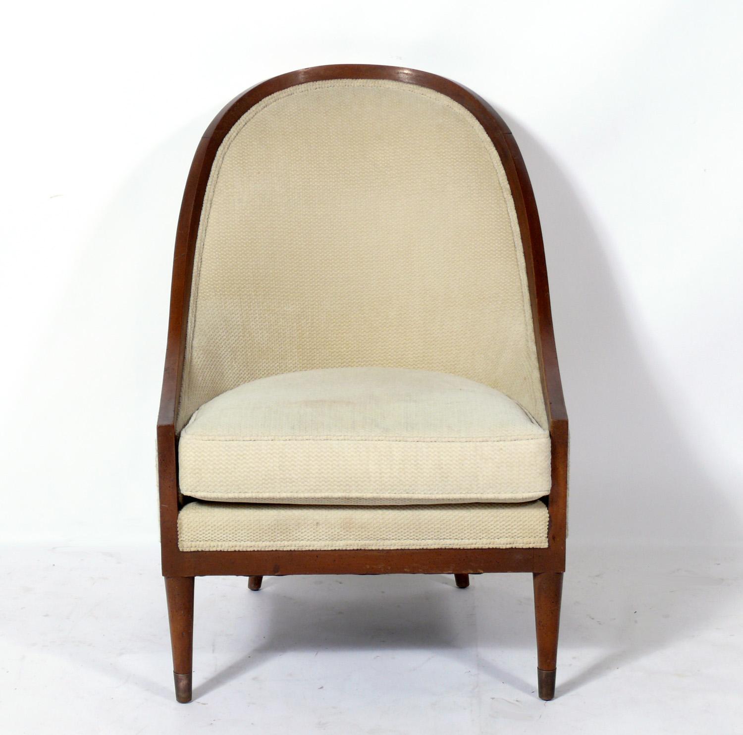 Pair of tall arch back lounge chairs, attributed to Jacques Grange for Widdicomb, circa 1990s. These chairs are currently being refinished and reupholstered and can be completed in your choice of finish color and reupholstered in your fabric. Simply