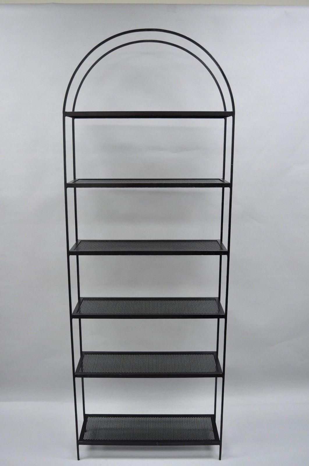 Pair of Tall Arched Iron Mid-Century Modern Bookcase Etagere Mesh Shelves 4