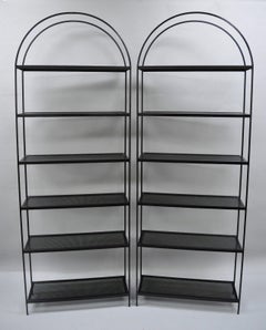 Pair of Tall Arched Iron Mid-Century Modern Bookcase Etagere Mesh Shelves