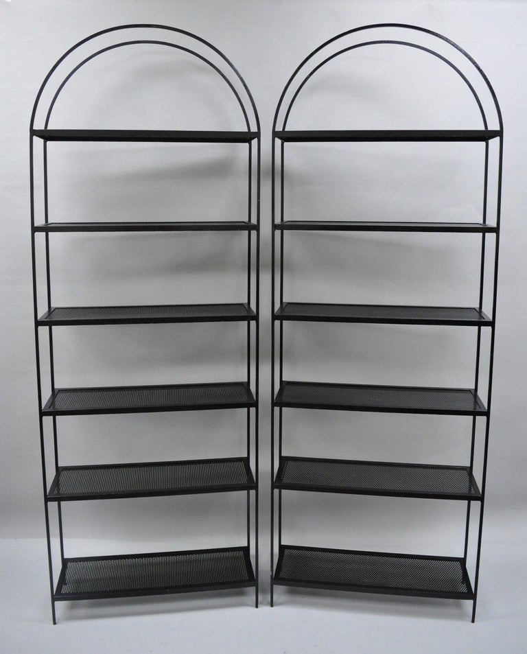 Pair of Tall Arched Iron MidCentury Modern Bookcase Etagere Mesh