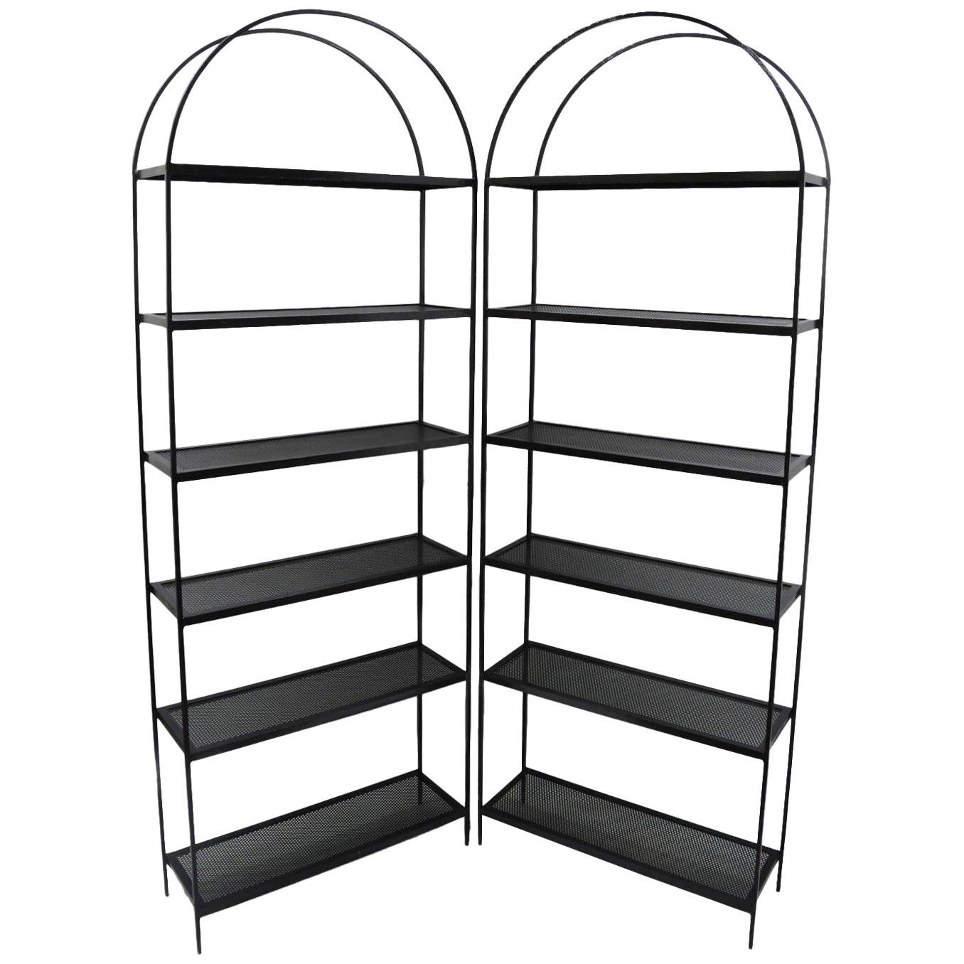 Pair of Tall Arched Iron Mid-Century Modern Bookcase Etagere Mesh Shelves