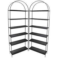 Pair of Tall Arched Iron Mid-Century Modern Bookcase Etagere Mesh Shelves