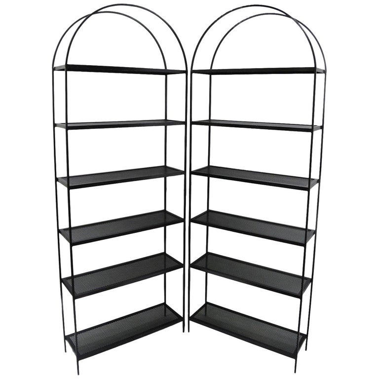 Pair Of Tall Arched Iron Mid Century Modern Bookcase Etagere Mesh Shelves At 1stdibs