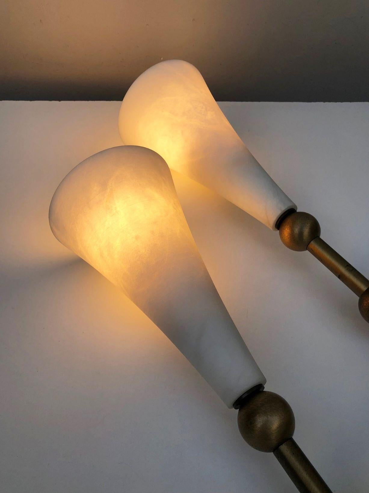Pair of Art Deco Alabaster Brass Wall Sconces, Torchiere, France, 1930s 5
