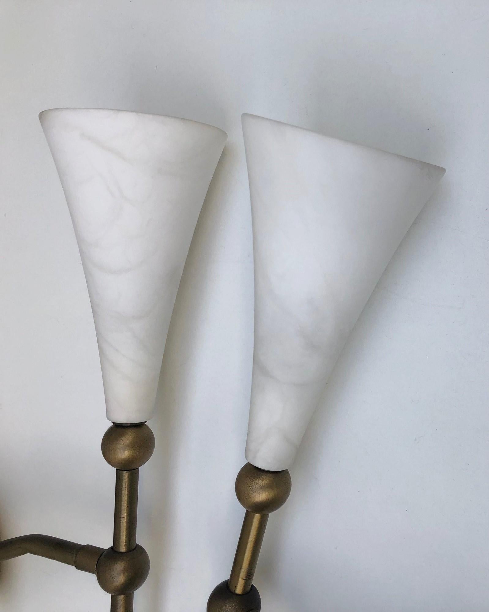 Pair of Art Deco Alabaster Brass Wall Sconces, Torchiere, France, 1930s 9