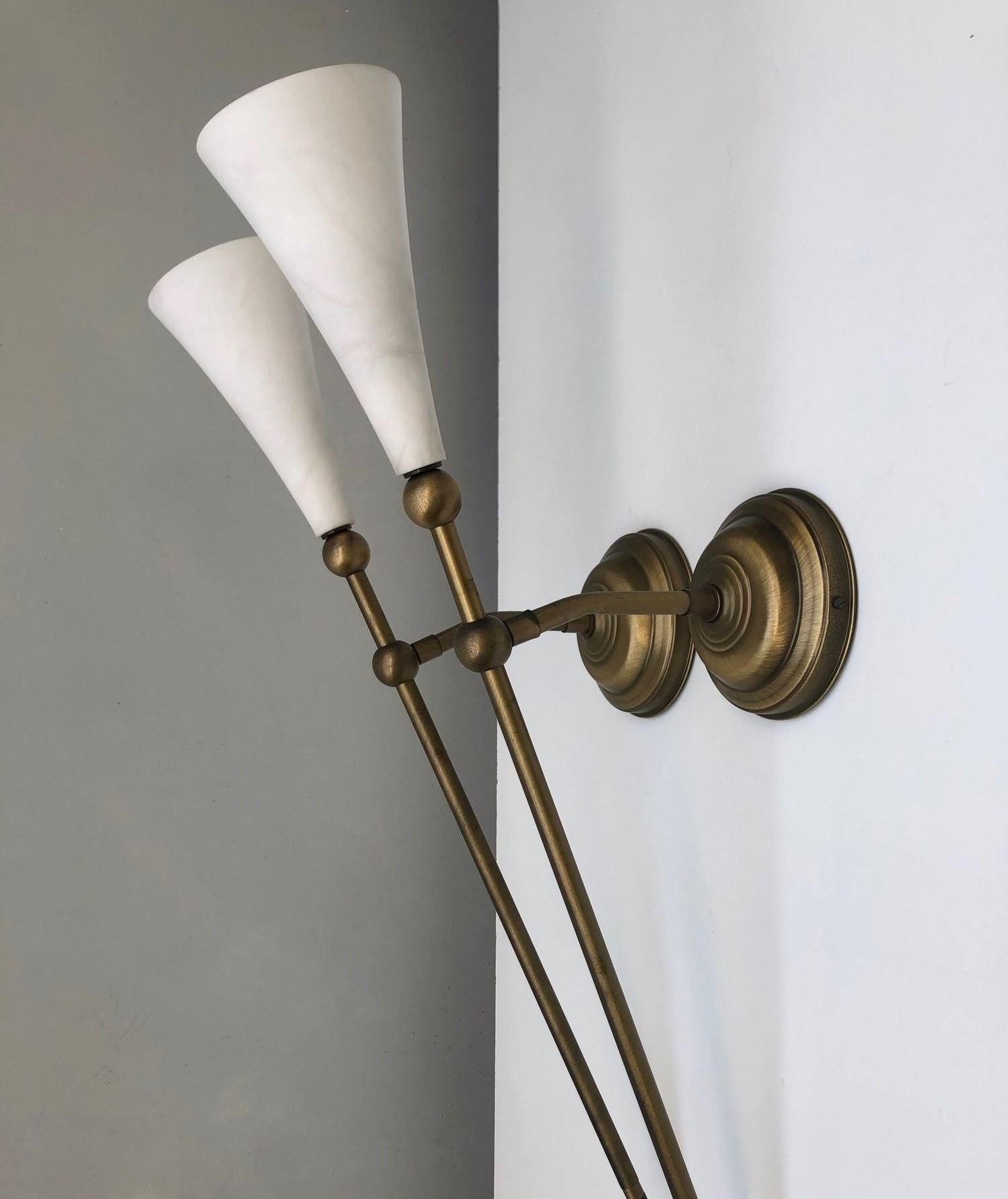 French Pair of Art Deco Alabaster Brass Wall Sconces, Torchiere, France, 1930s