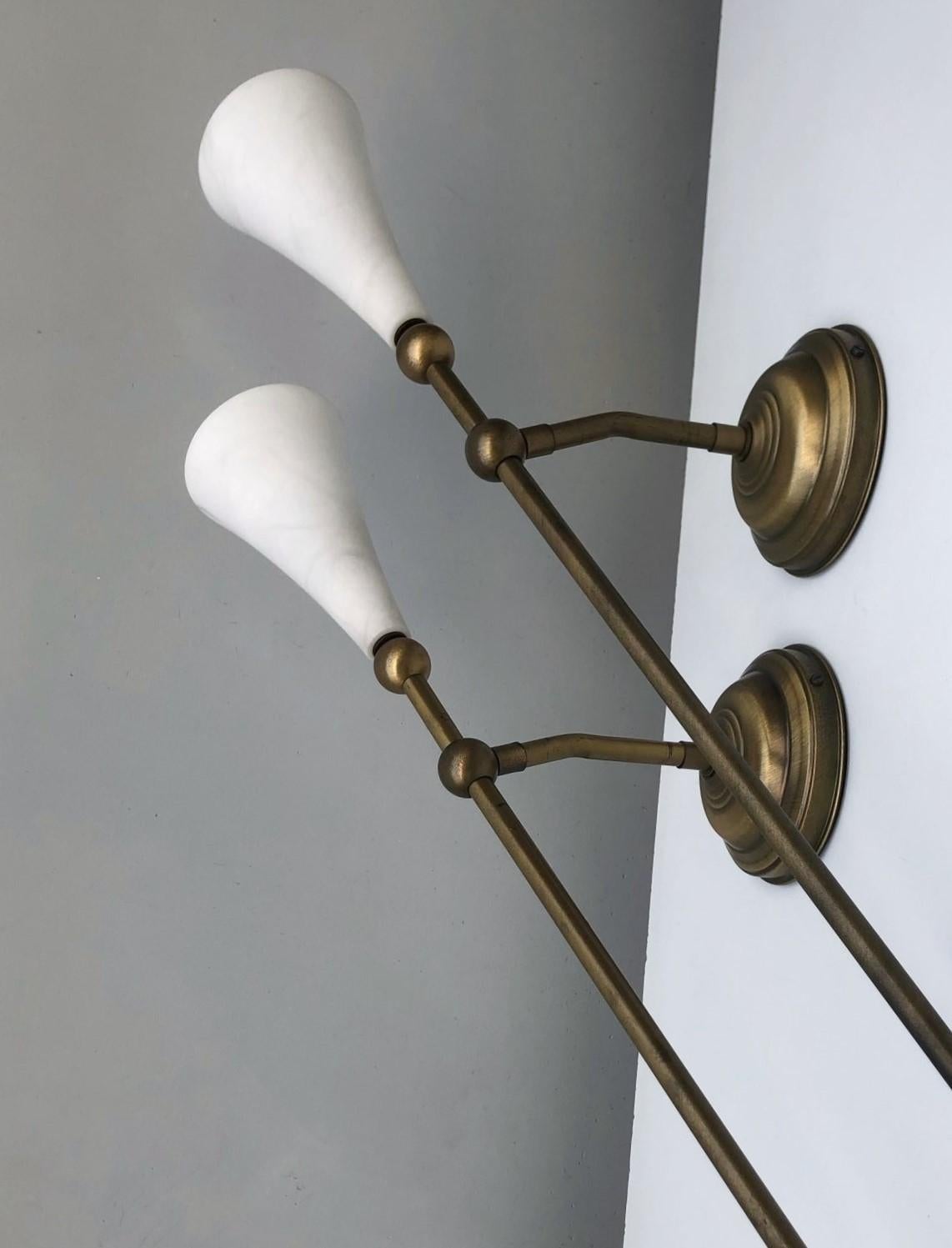 Bronzed Pair of Art Deco Alabaster Brass Wall Sconces, Torchiere, France, 1930s