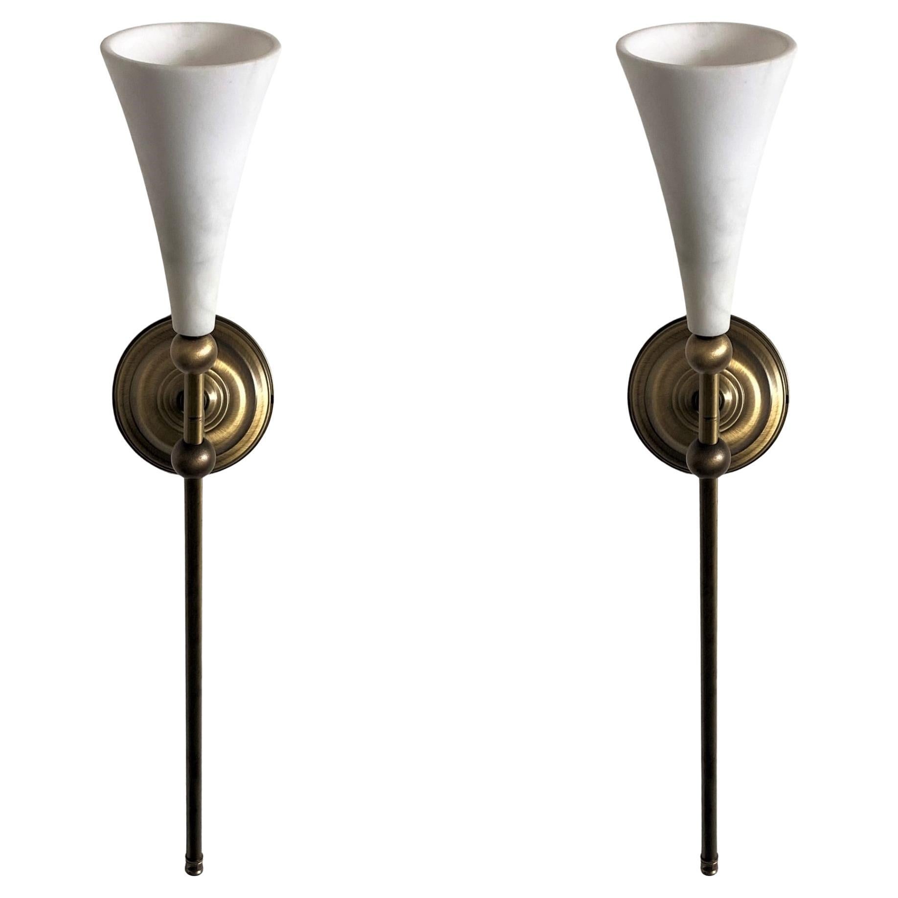 Mid-20th Century Pair of Art Deco Alabaster Brass Wall Sconces, Torchiere, France, 1930s