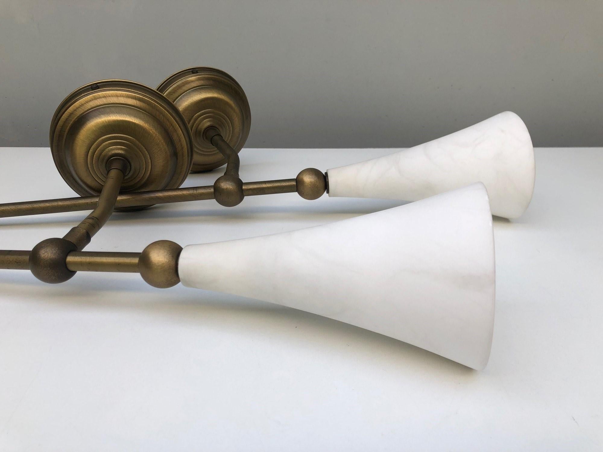 Pair of Art Deco Alabaster Brass Wall Sconces, Torchiere, France, 1930s 2