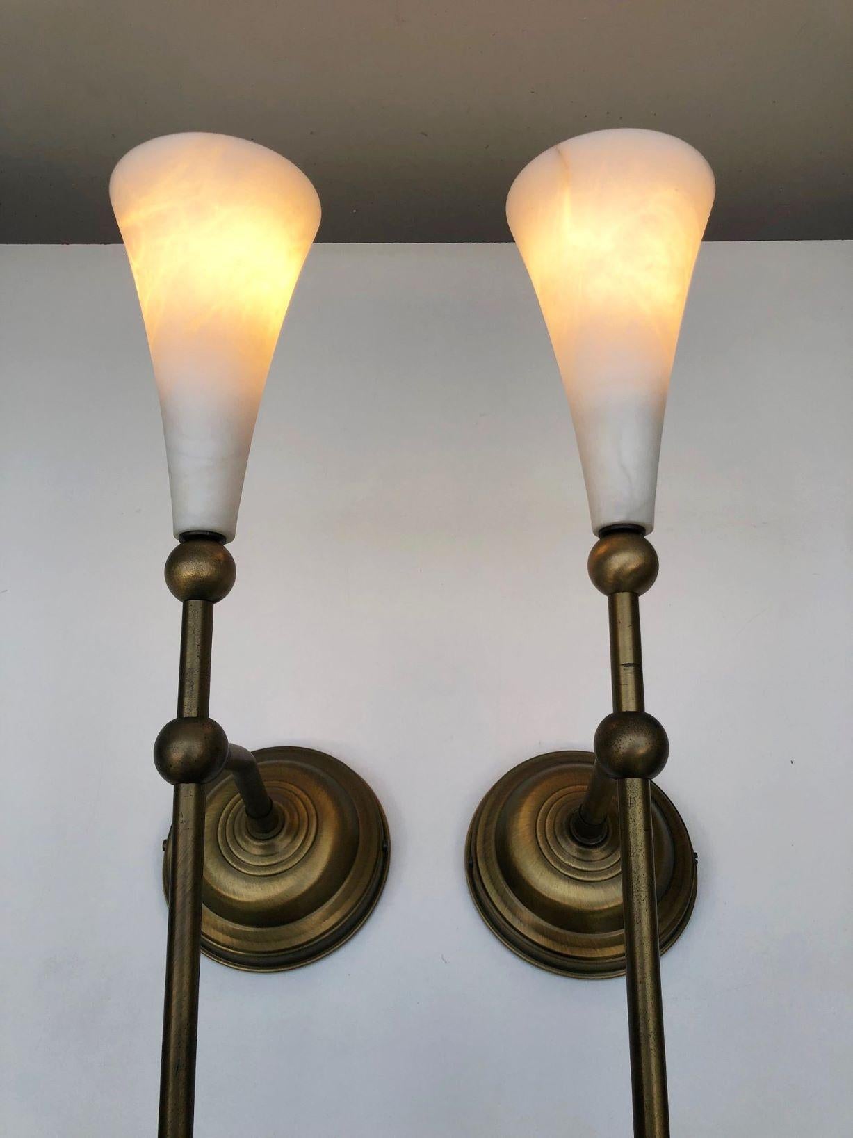 Pair of Art Deco Alabaster Brass Wall Sconces, Torchiere, France, 1930s 4