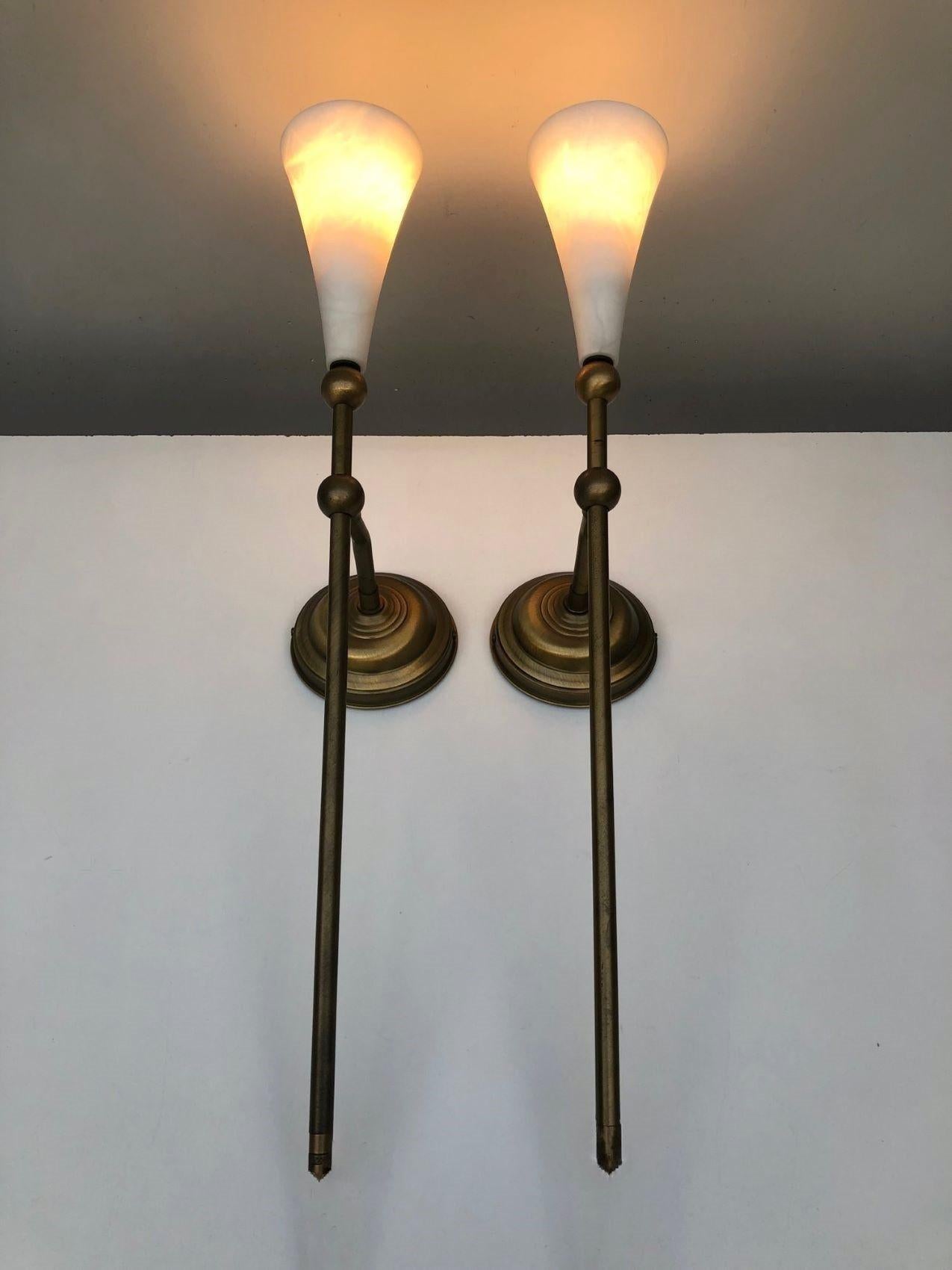 Pair of Art Deco Alabaster Brass Wall Sconces, Torchiere, France, 1930s 3