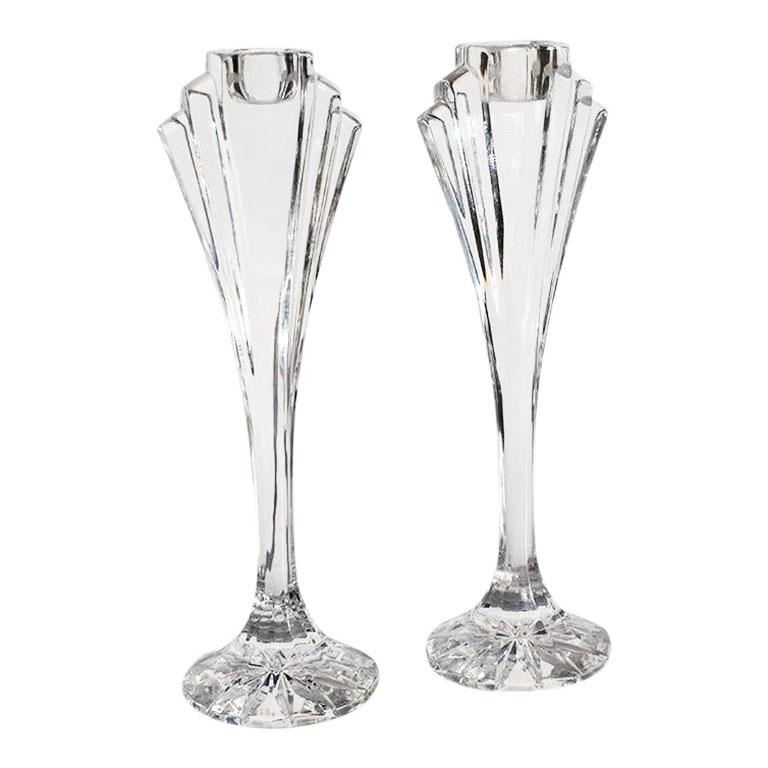 Unknown Pair of Tall Art Deco Glass Candlestick Holder Torcheres, a Set