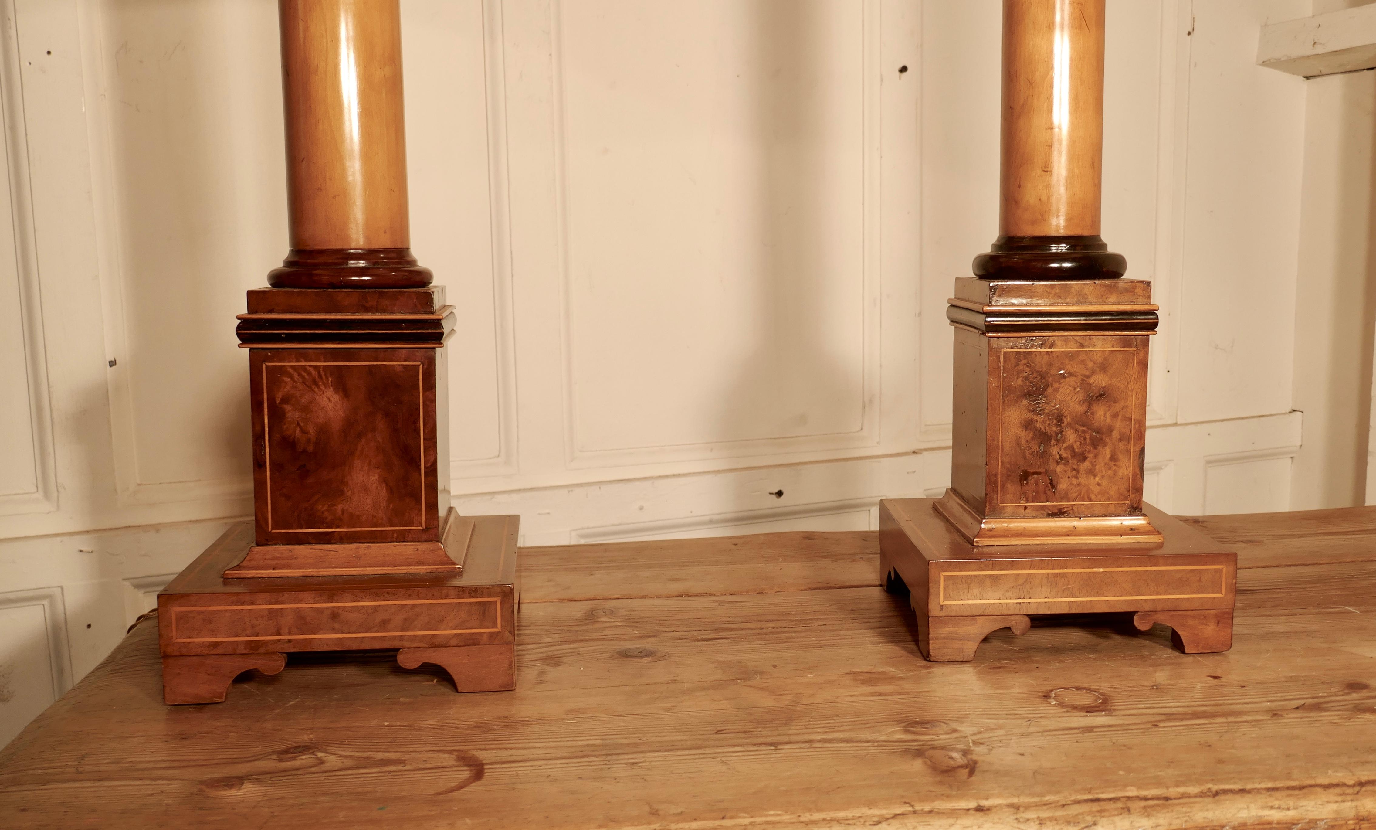 Pair of Tall Art Deco Maple and Walnut Column Table Lamps 7