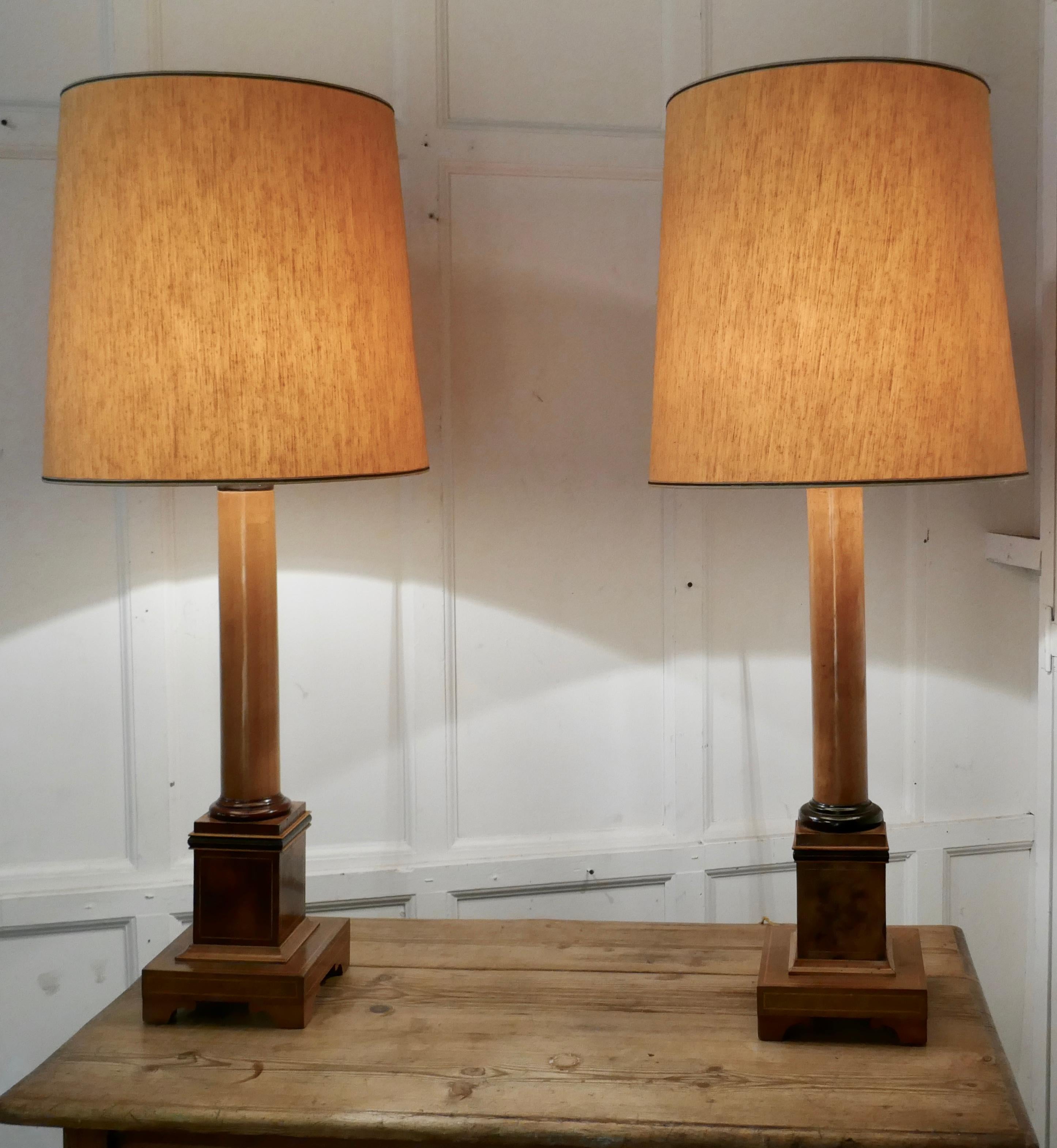 Early 20th Century Pair of Tall Art Deco Maple and Walnut Column Table Lamps