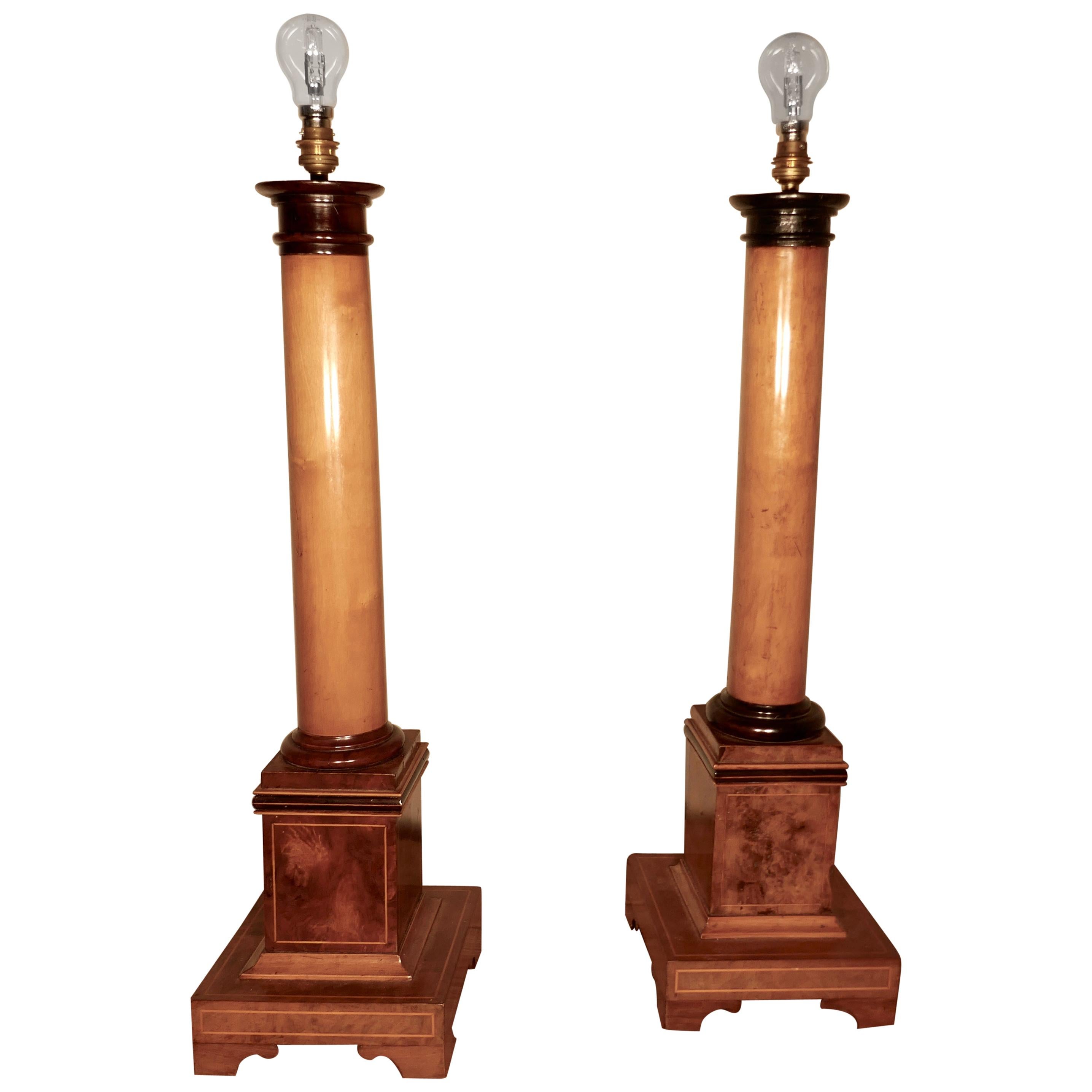 Pair of Tall Art Deco Maple and Walnut Column Table Lamps