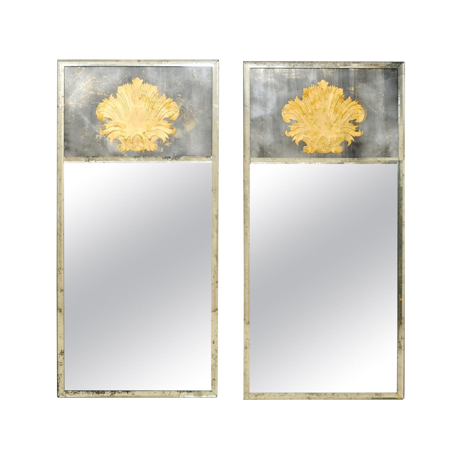 Pair of 6.5 Ft. Tall Artisan Mirrors Adorned with Verre Églomisé Acanthus Leaves For Sale