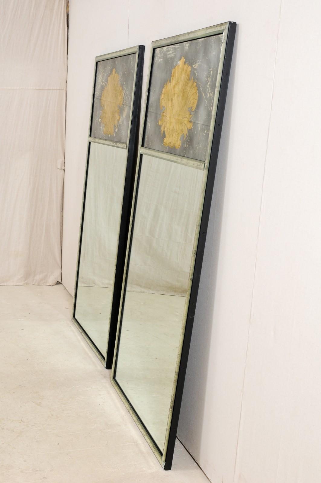 Pair of 6.5 Ft. Tall Artisan Mirrors Adorned with Verre Églomisé Acanthus Leaves For Sale 1