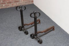 Pair of Tall Arts and Crafts Hand Forged Iron Fireplace Andirons
