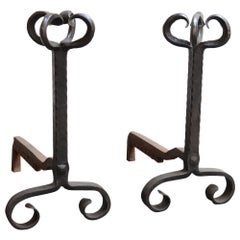 Antique Pair of Tall Arts and Crafts Hand Forged Iron Fireplace Andirons