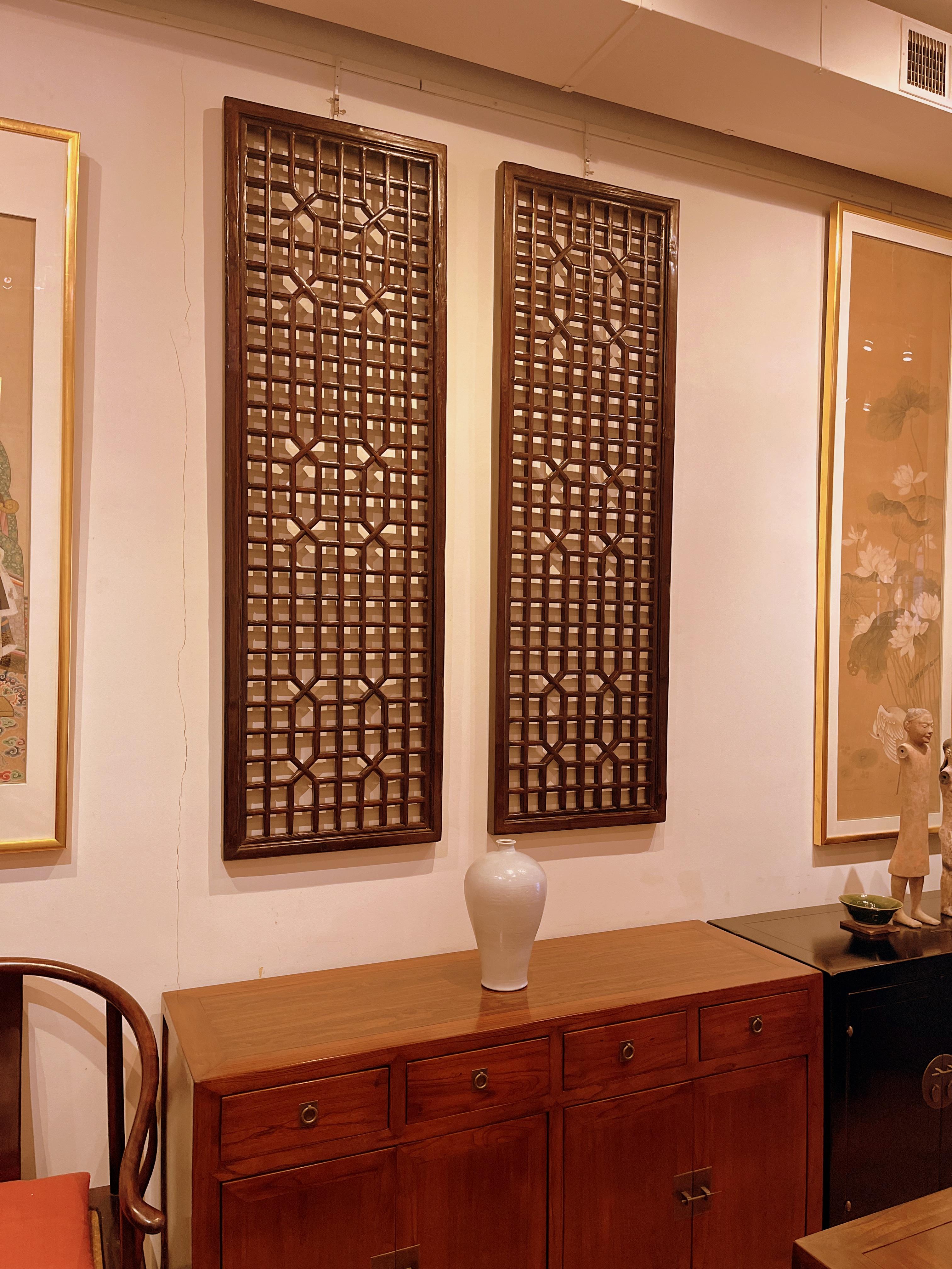 Pair of Tall Asian Window Panels with Geometric Design 3