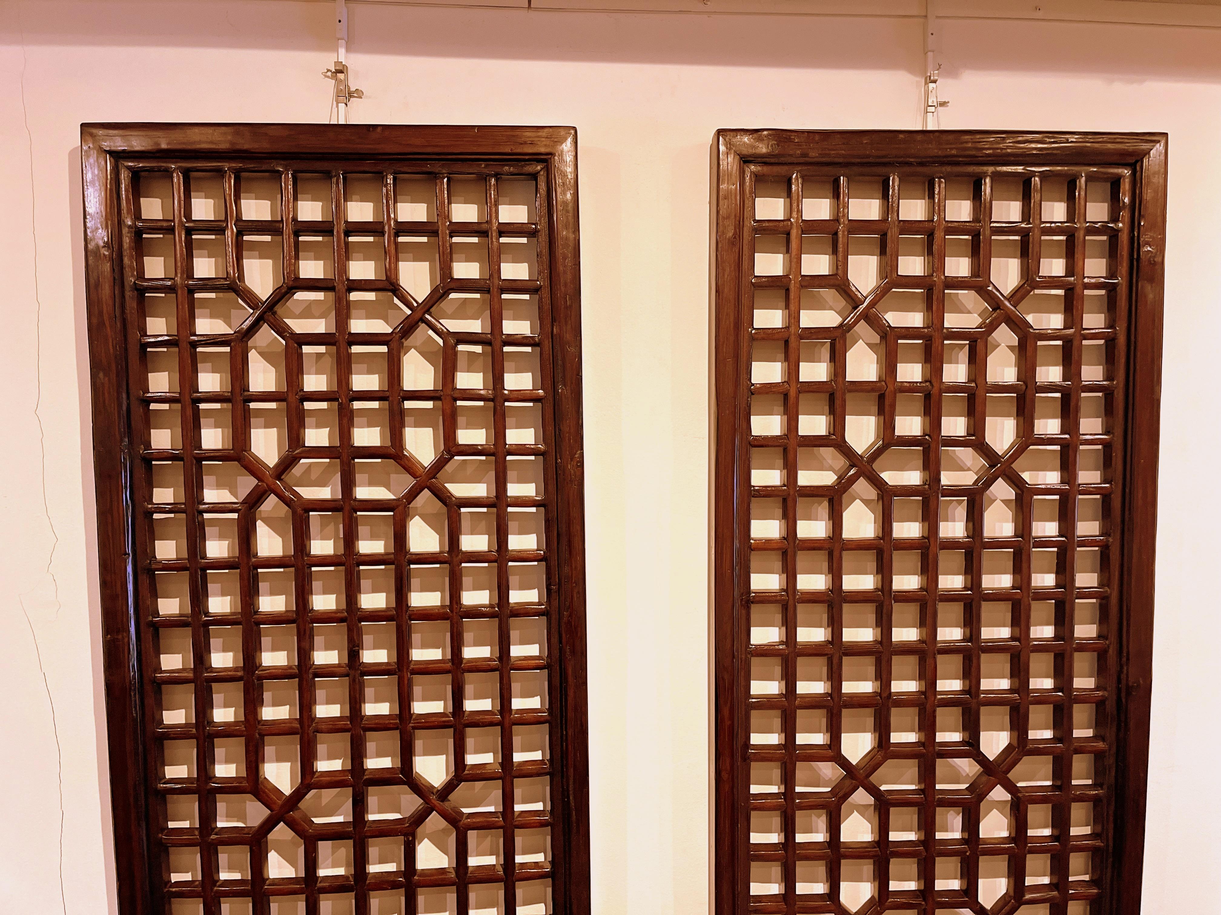 Chinese Pair of Tall Asian Window Panels with Geometric Design
