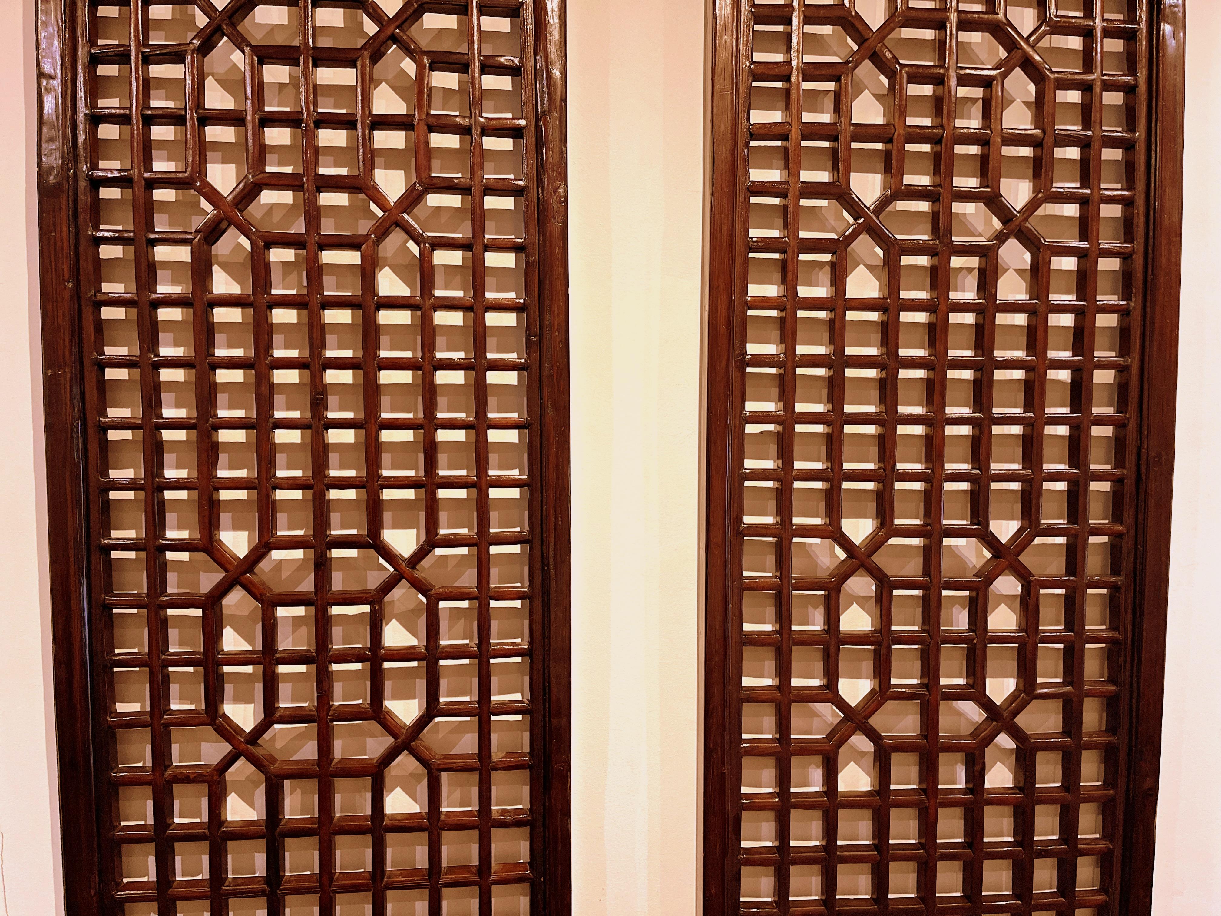 Polished Pair of Tall Asian Window Panels with Geometric Design