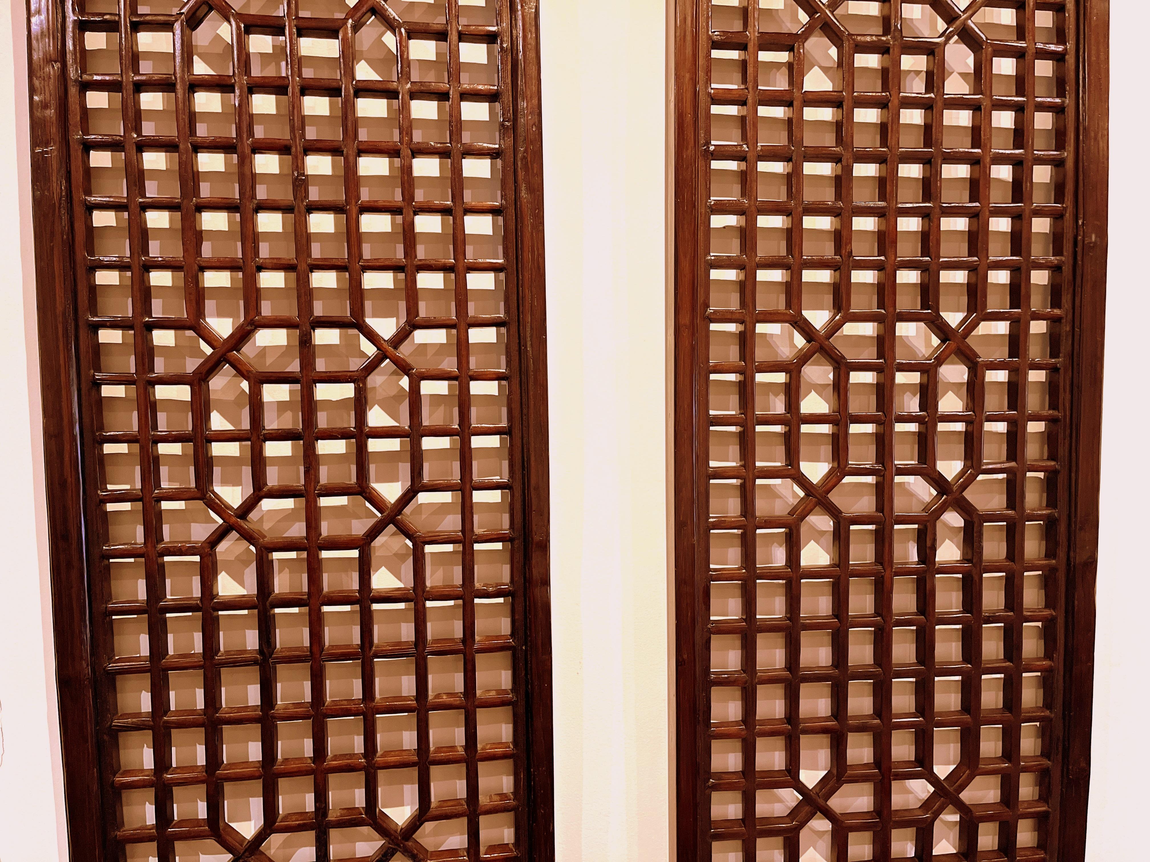 Pair of Tall Asian Window Panels with Geometric Design In Good Condition In Greenwich, CT
