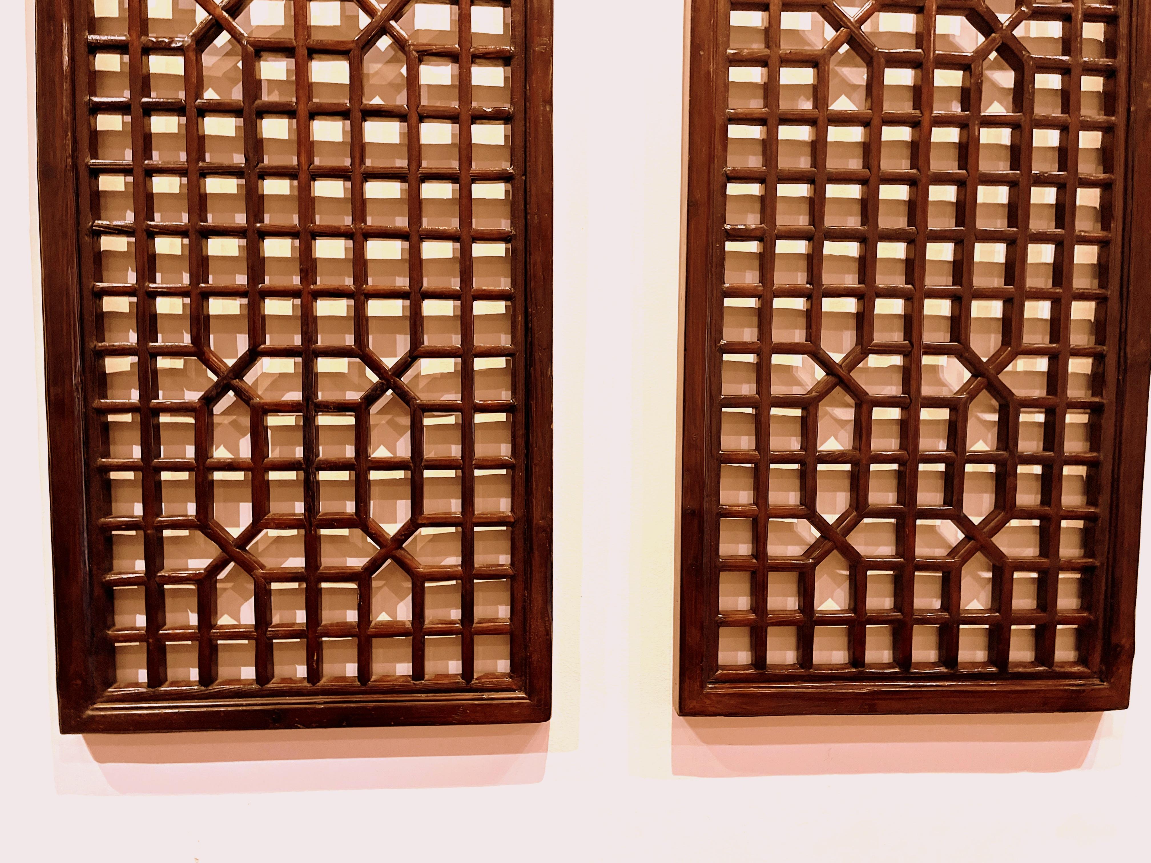 20th Century Pair of Tall Asian Window Panels with Geometric Design