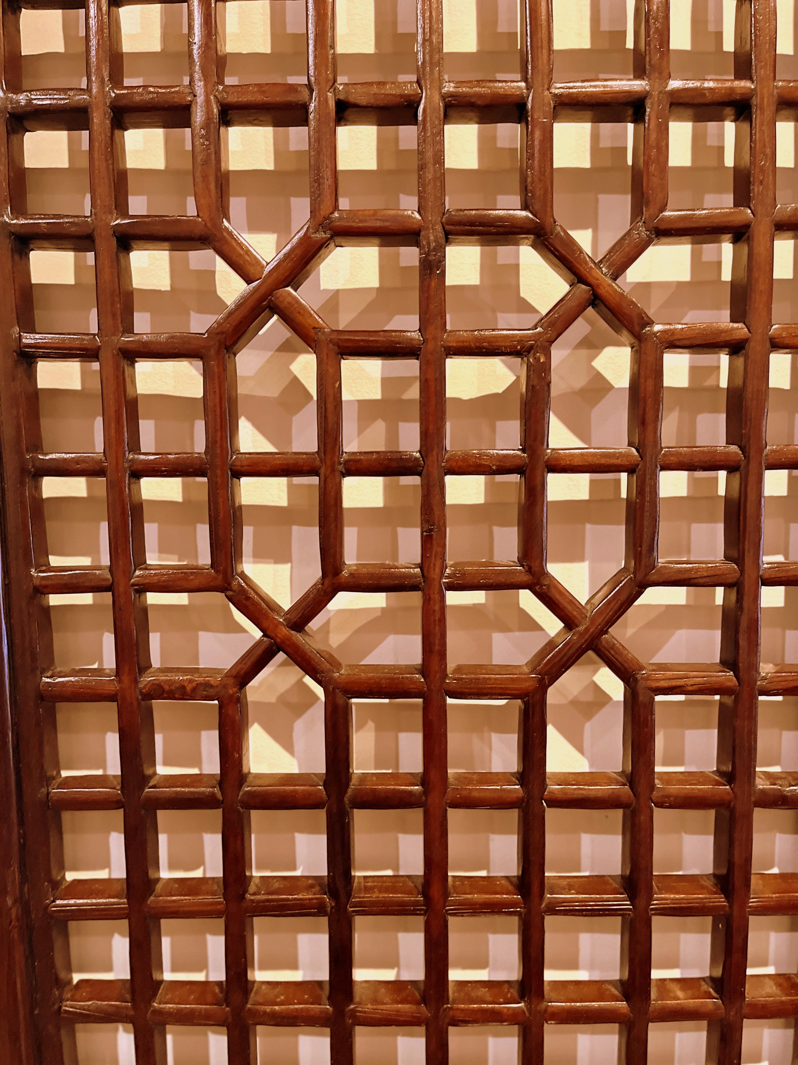 Wood Pair of Tall Asian Window Panels with Geometric Design