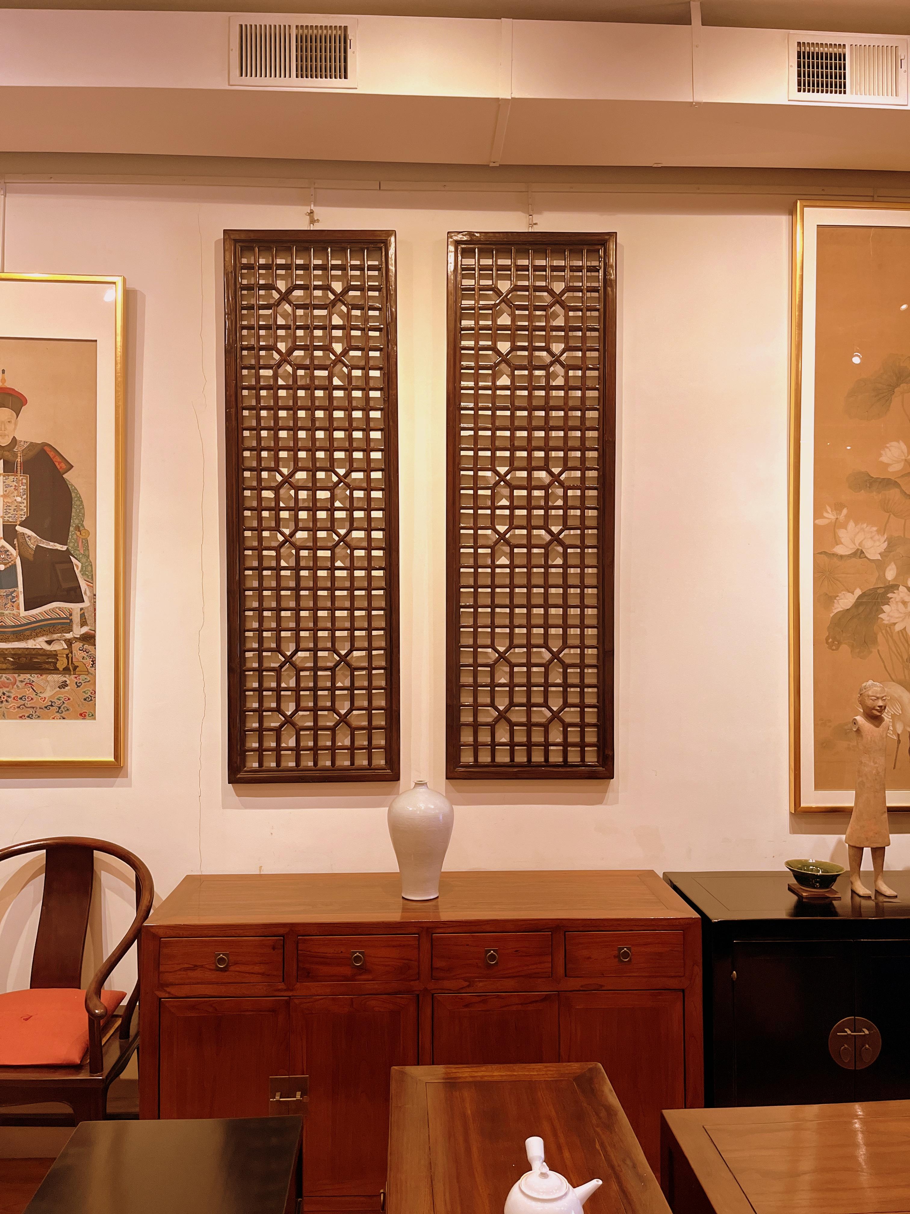 Pair of Tall Asian Window Panels with Geometric Design For Sale 2