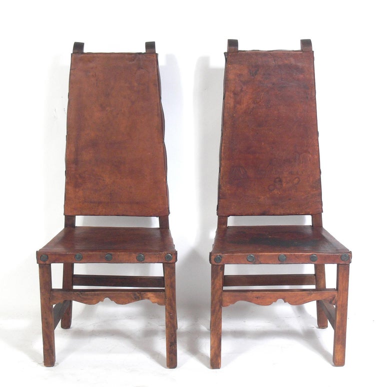 Pair of Tall Back Mexican Leather Chairs For Sale at 1stdibs