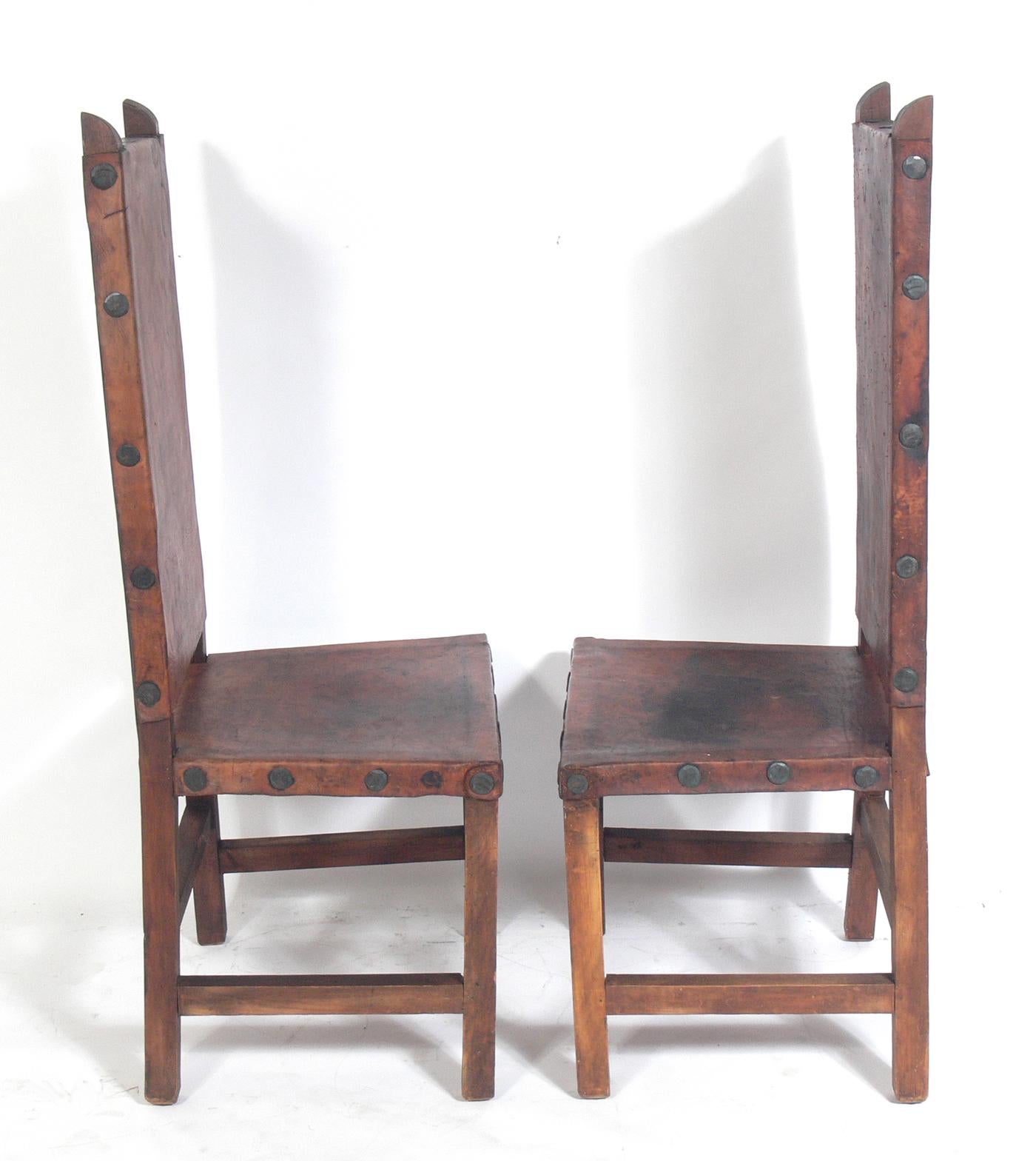 Bohemian Pair of Tall Back Mexican Leather Chairs