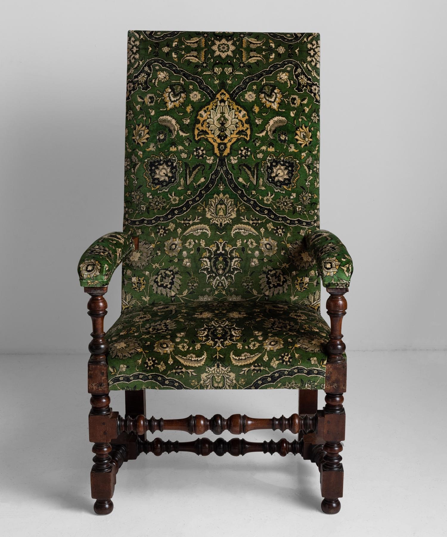 Newly upholstered in house of hackney velvet, on turned mahogany legs.
  