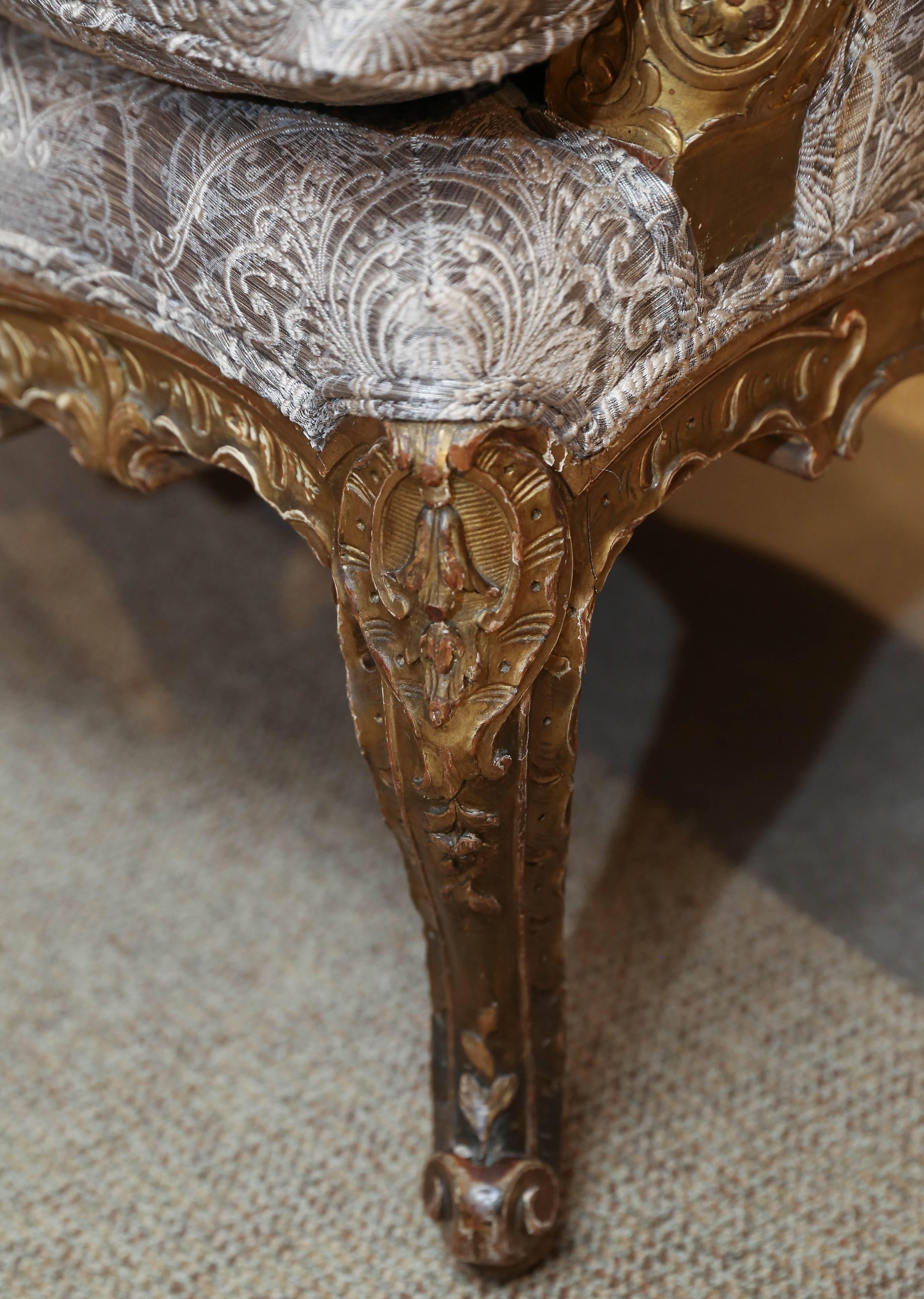 Pair of Tall Bergere French Chairs with Gilt and Carved Wood, Louis XV Style For Sale 1