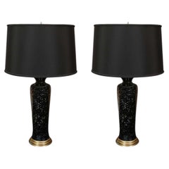 Pair of Tall Black Crackle Glaze Table Lamps with Shades