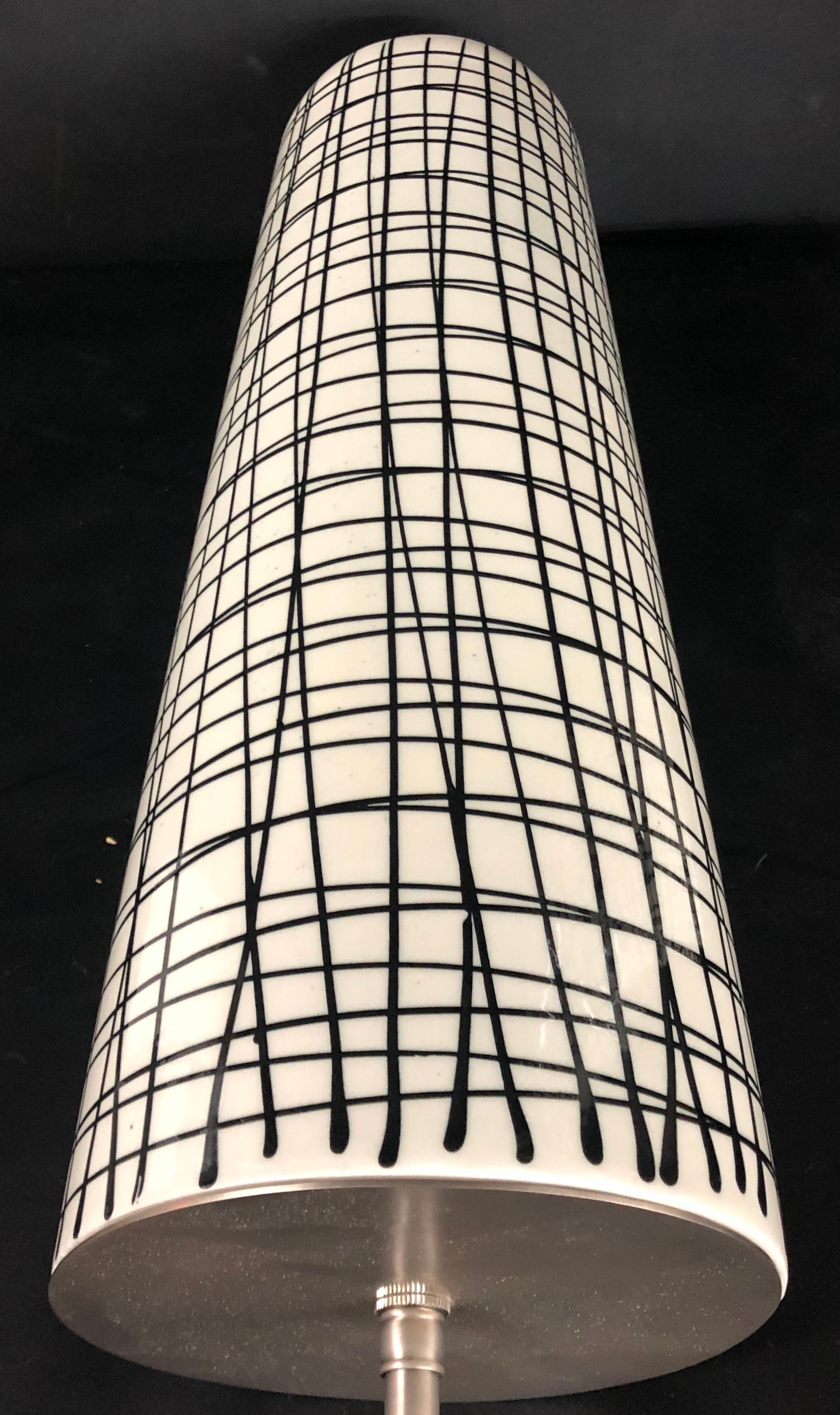 Ceramic Pair of Tall Black and White Crosshatched Vases with Lamp Application