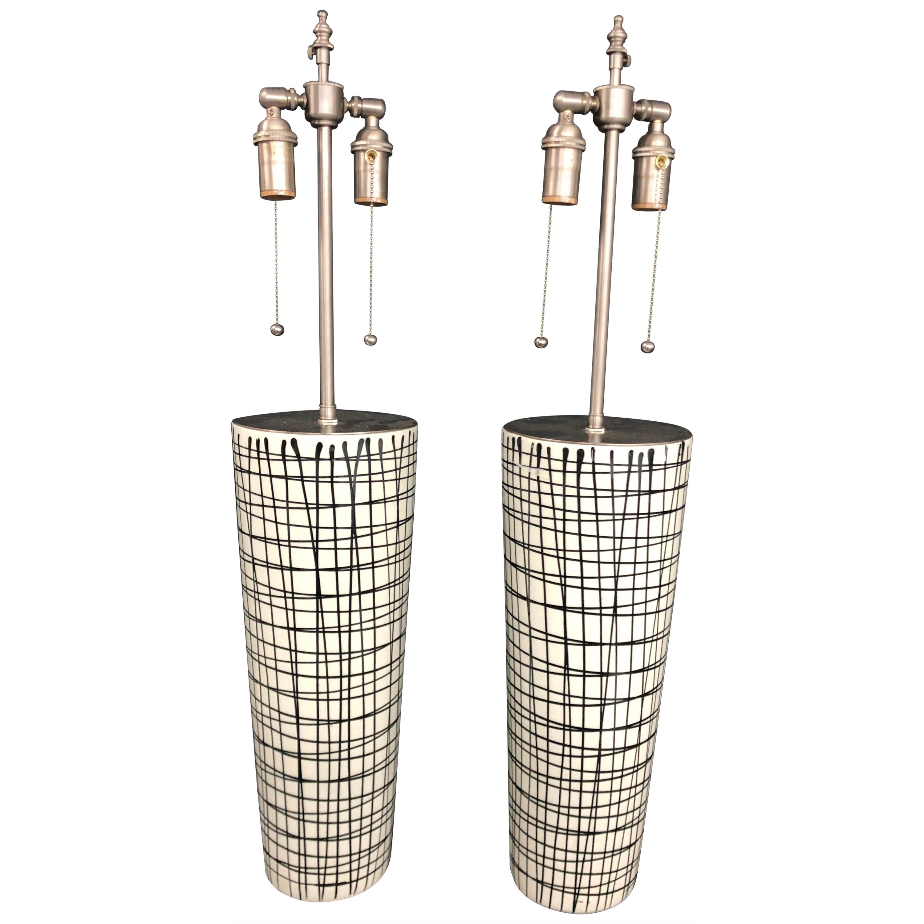 Pair of Tall Black and White Crosshatched Vases with Lamp Application