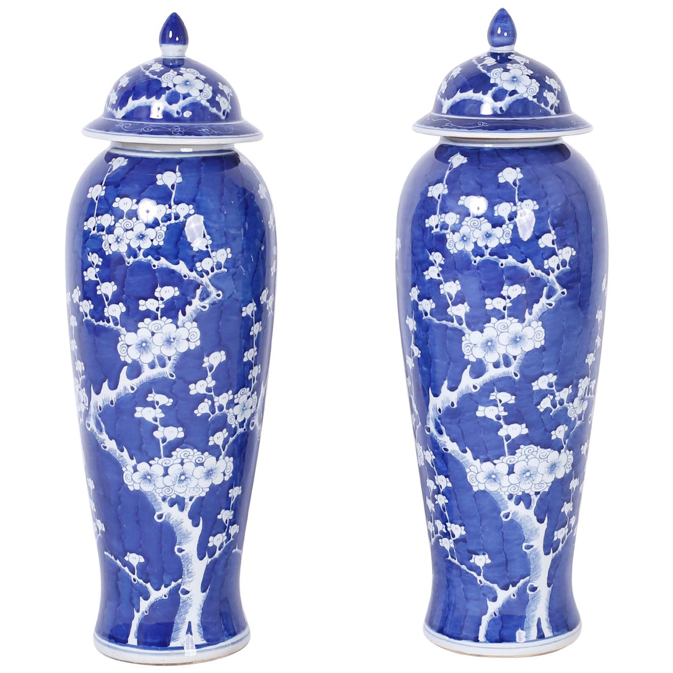 Pair of Tall Blue and White Chinese Porcelain Jars or Urns