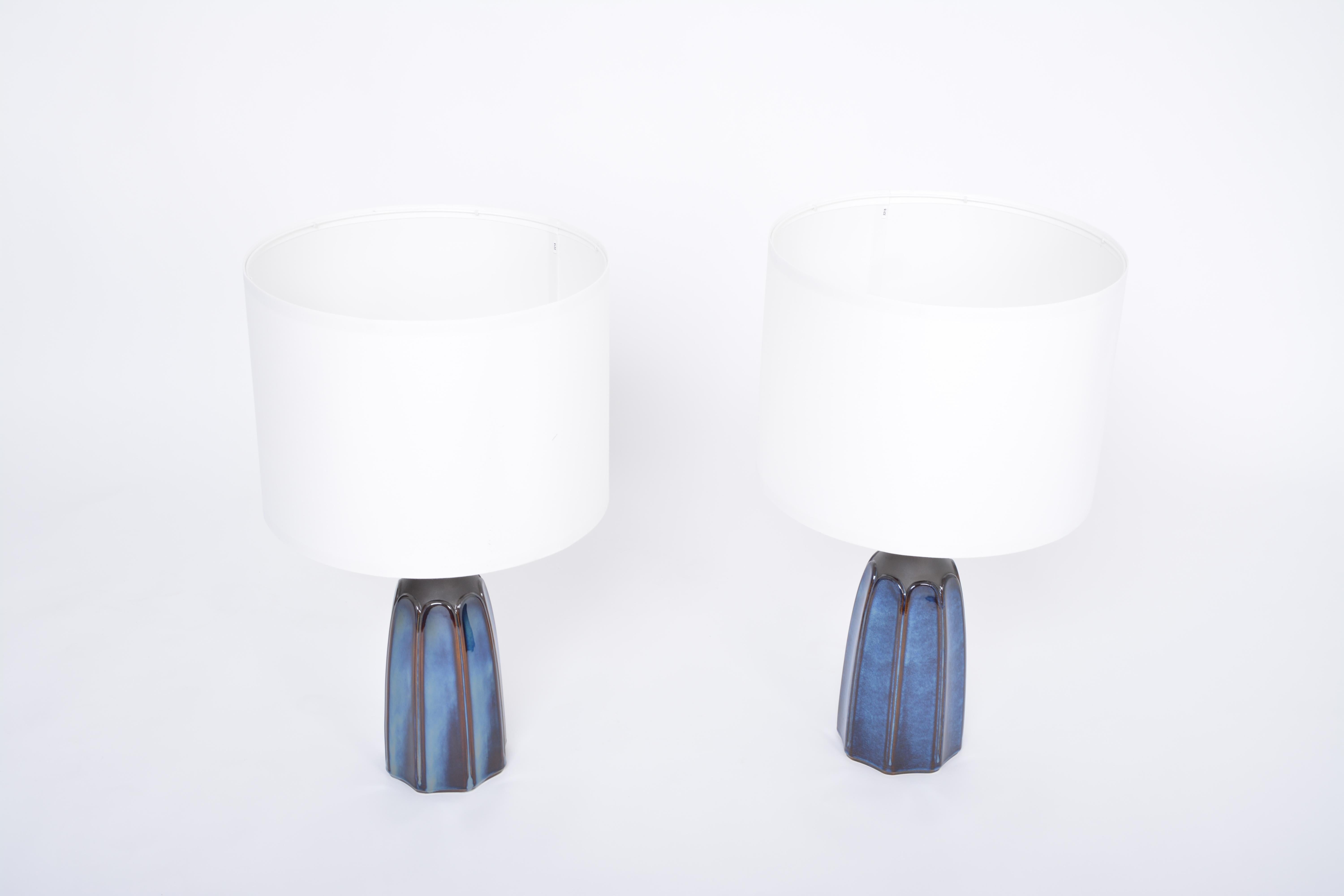 Danish Pair of Tall Blue Stoneware Table Lamps Model 1042 by Einar Johansen for Søholm